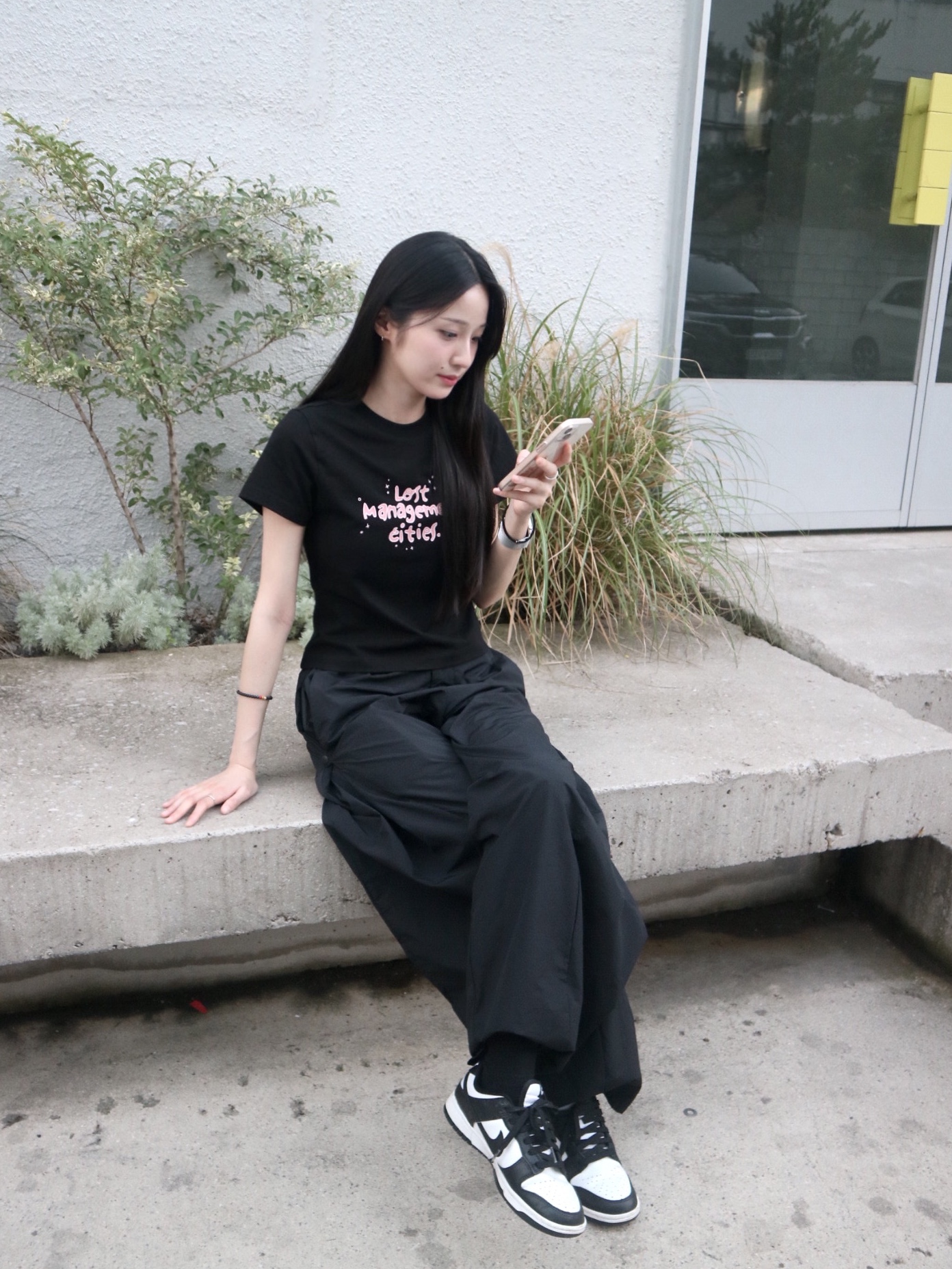 Sansan Gear Side Snap Pants Black, Nike Dunk Low Retro Black 착용 스타일 - 1