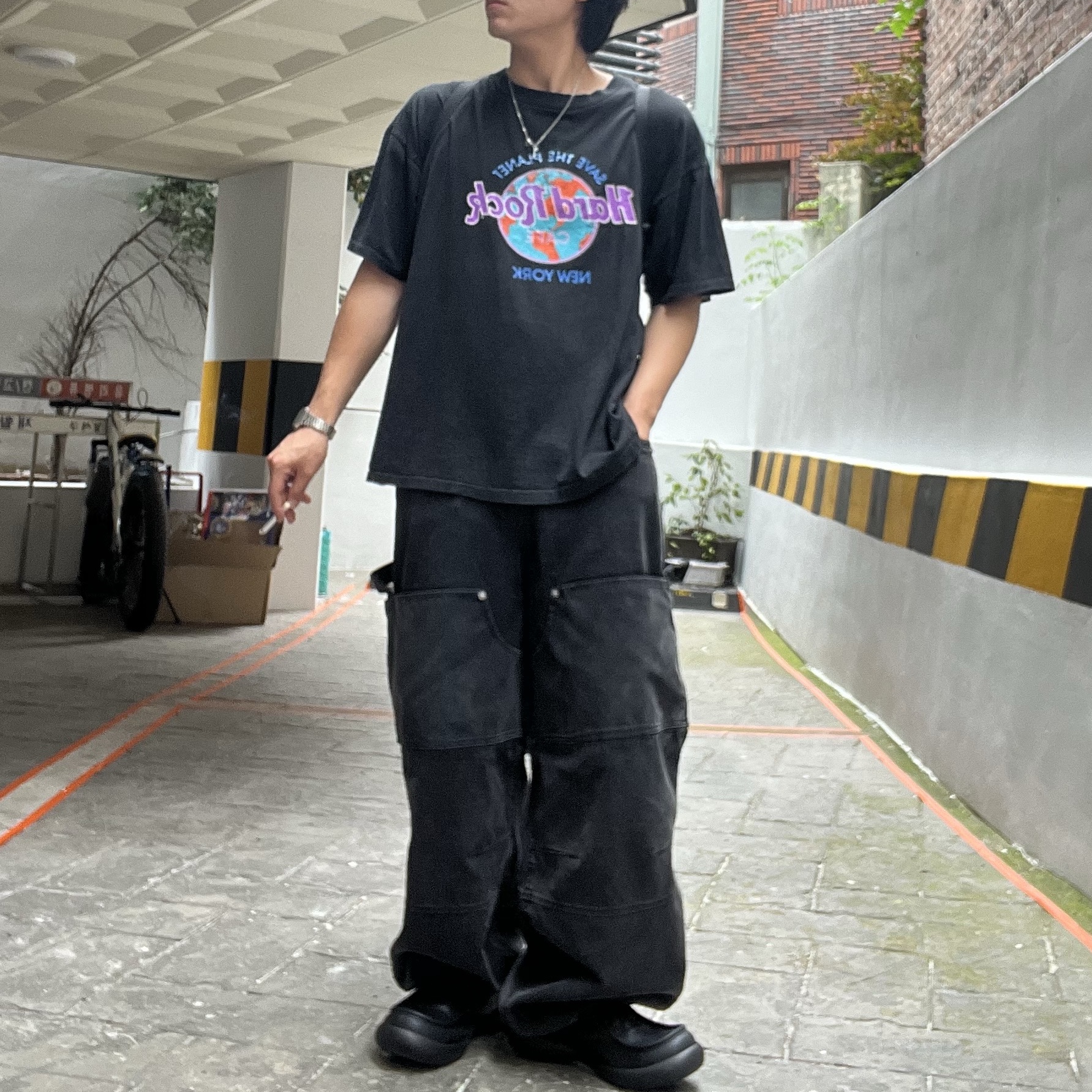 Nonnod Double knee cover pants Vintage black, Nonnod Double Knee Cover Pants Vintage Black 착용 스타일