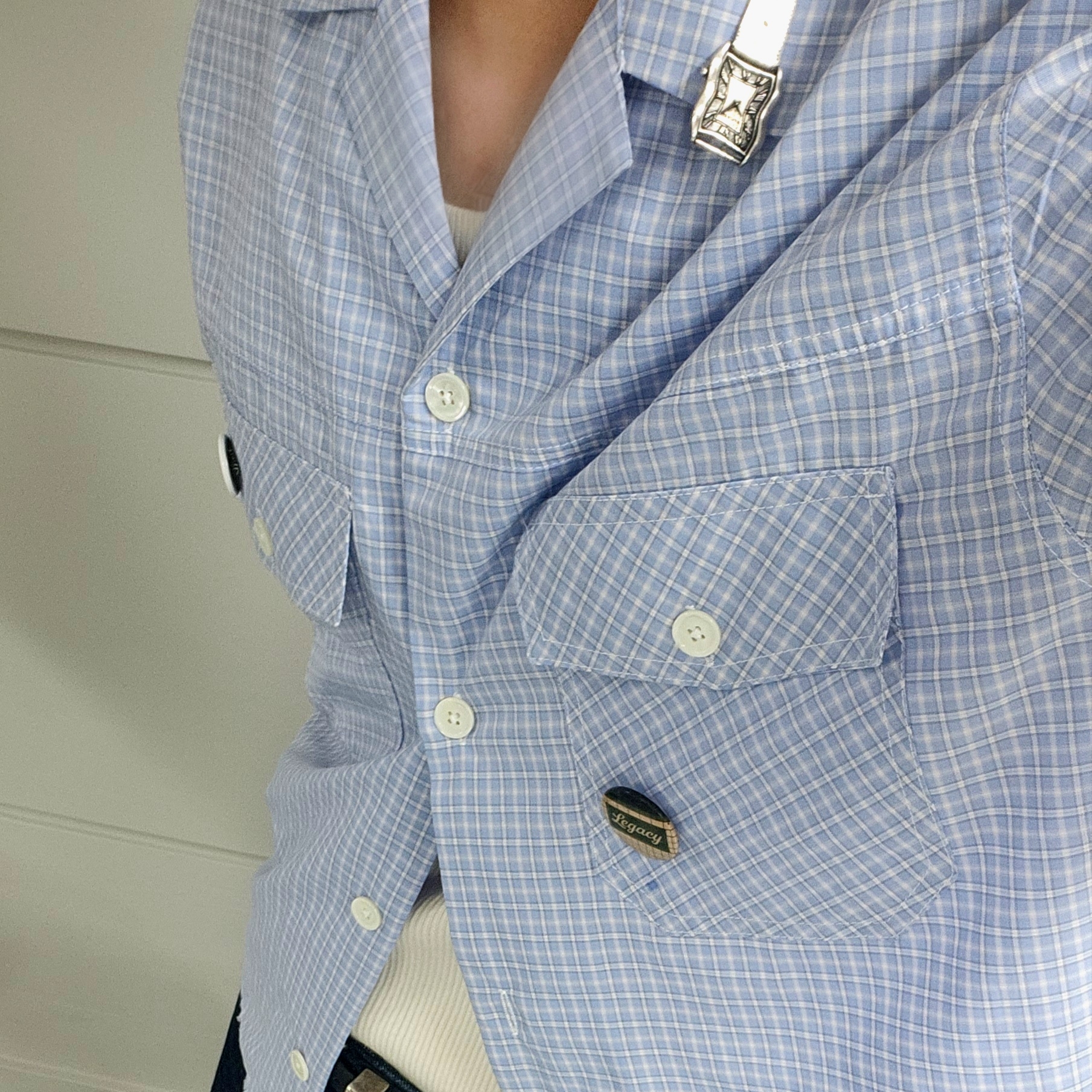 Haleine Open Collar Check Shirt Blue 착용 스타일 - 3