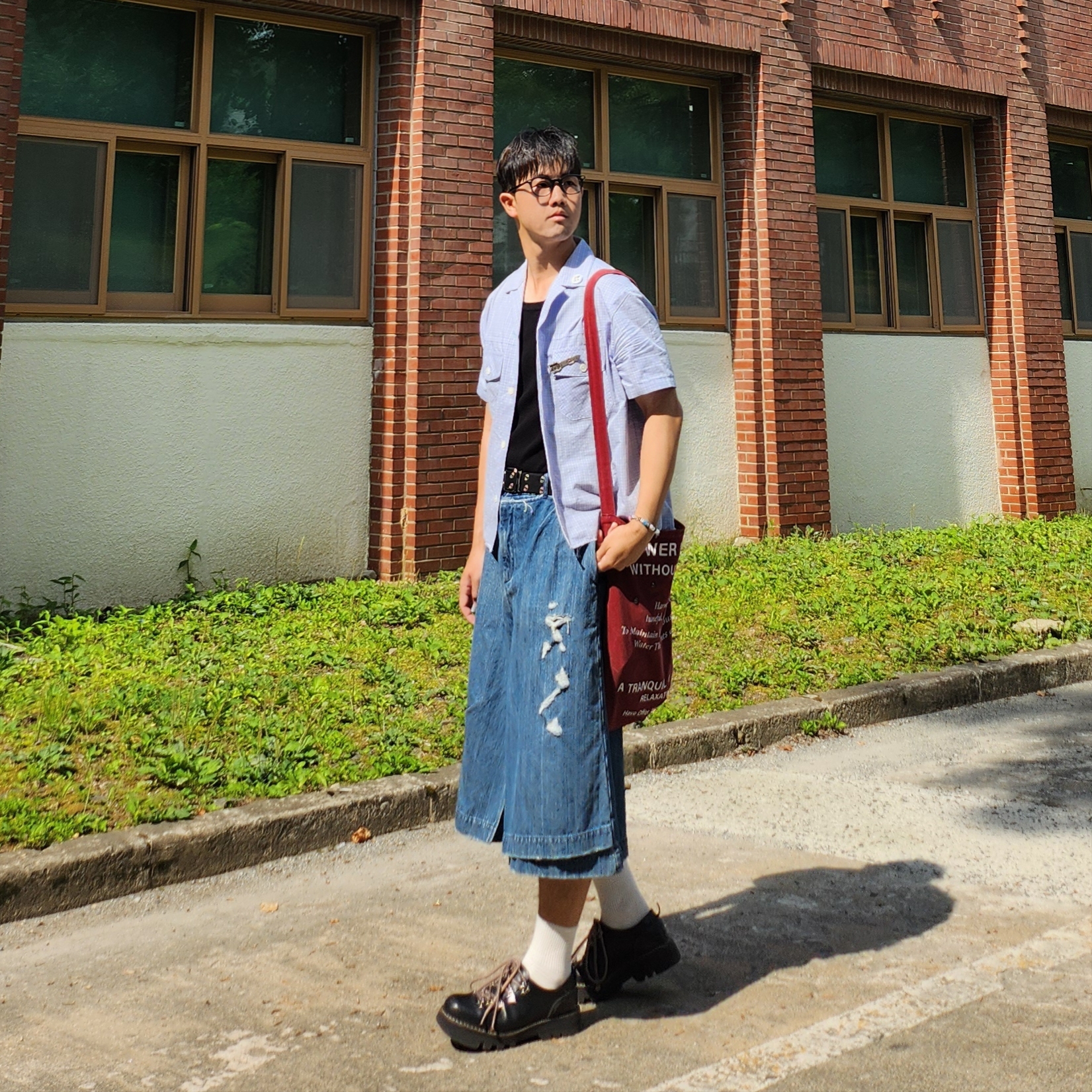 Haleine Open Collar Check Shirt Blue 착용 스타일 - 2
