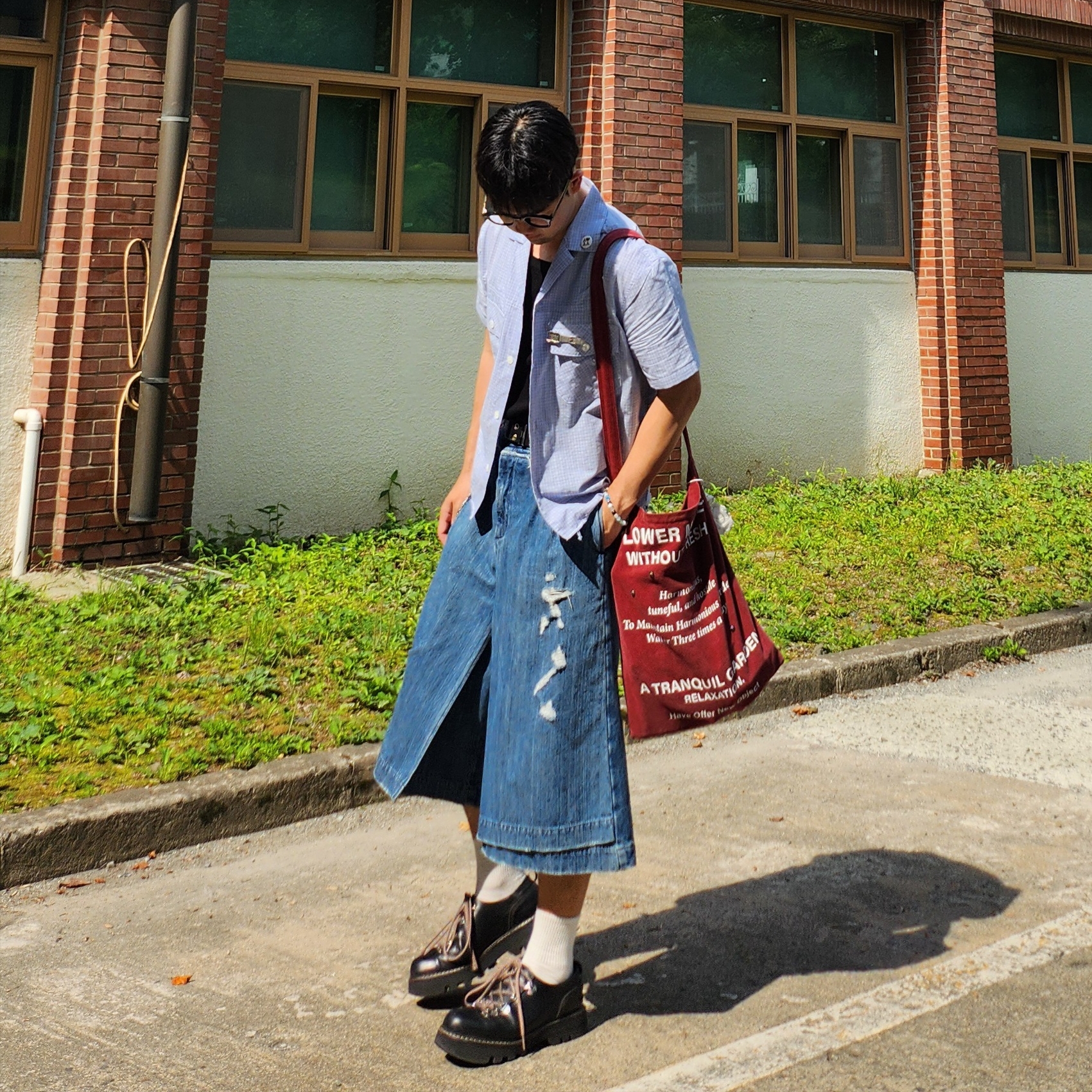 Haleine Open Collar Check Shirt Blue 착용 스타일 - 1