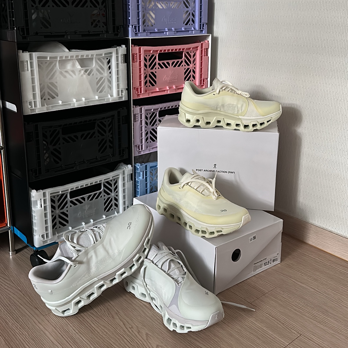 On Running x Post Archive Faction (Paf) Cloudmonster 2 Vapor Frost, On Running x Post Archive Faction (Paf) Cloudmonster 2 Seedling White 착용 스타일
