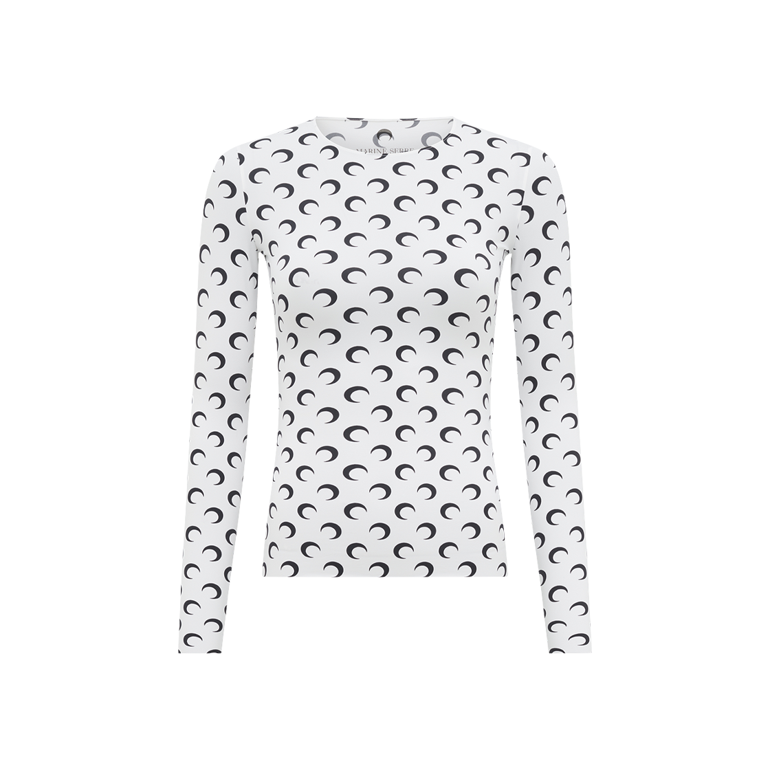 (W) 마린 세르 문 프린트 저지 세컨드 스킨 크루넥 탑 문 블랙 온 화이트((W) Marine Serre Moon Printed Jersey Second Skin Crewneck Top Moon Black On White)