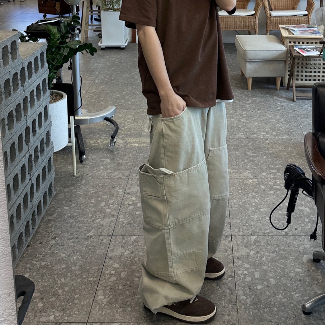 Nonnod Double Knee Cover Pants Vintage Beige 착용 스타일 - 4
