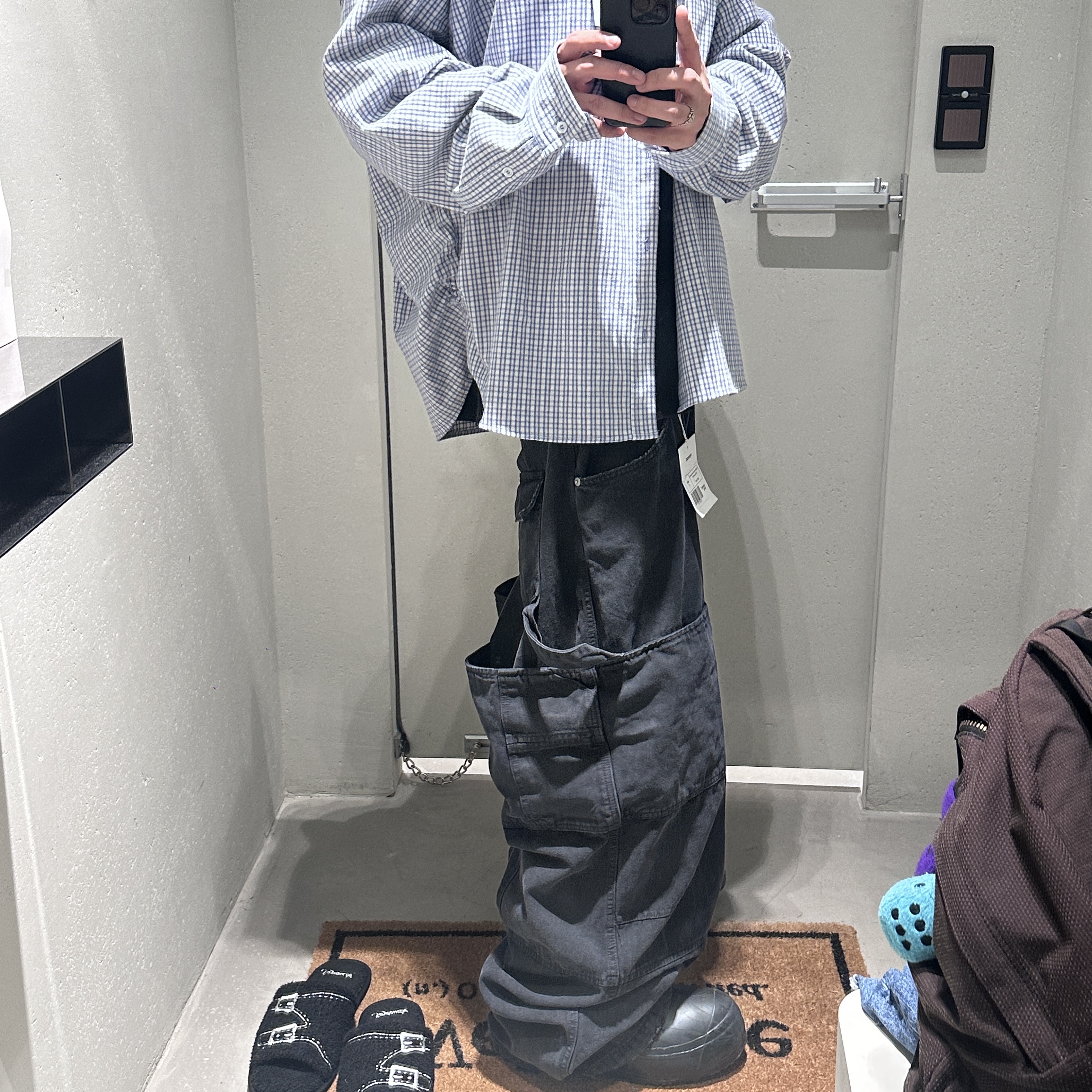 Nonnod Double Knee Cover Pants Vintage Black, Nonnod Flexible String Check Shirt Sky Blue 착용 스타일