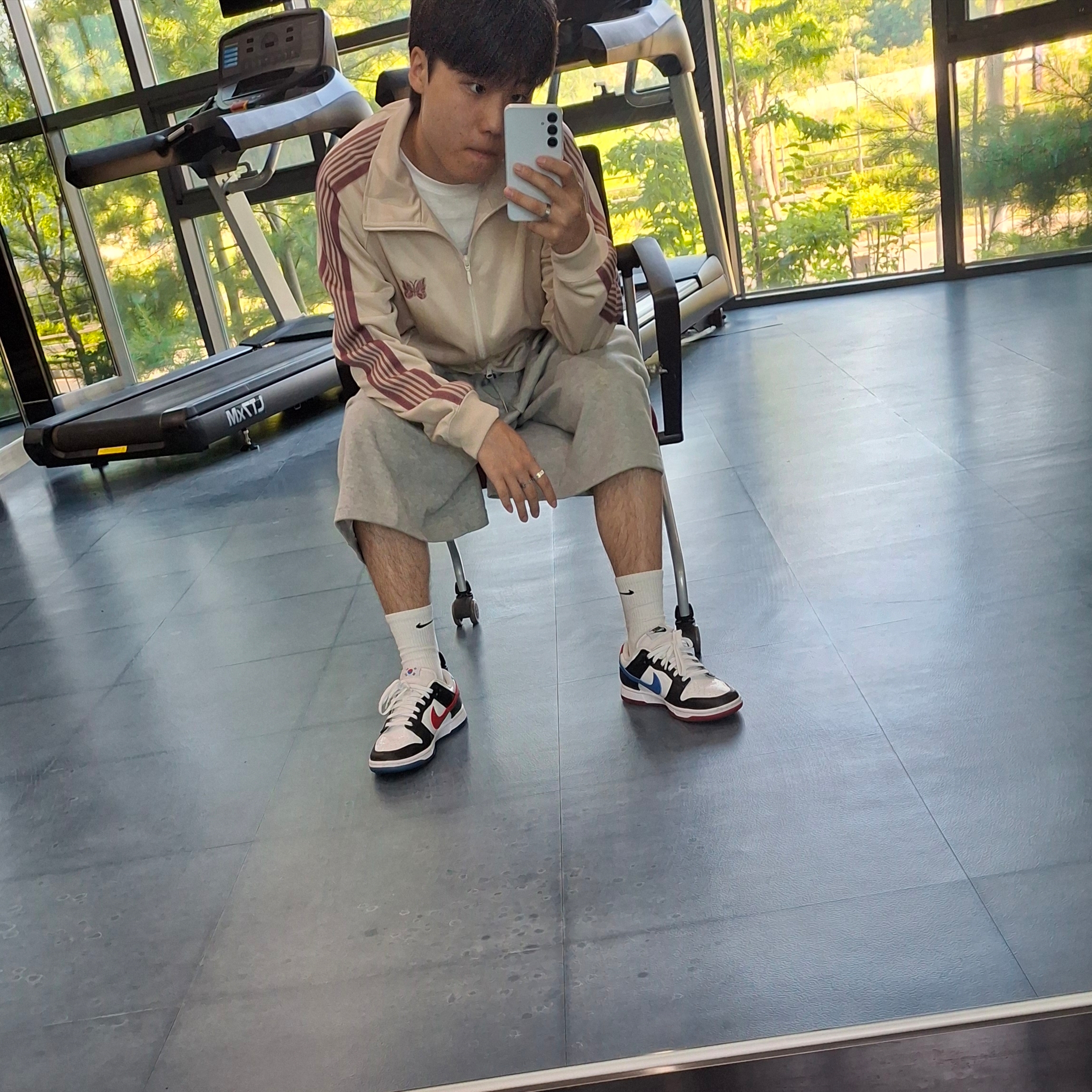 Needles Track Jacket Poly Smooth Ivory 착용 스타일