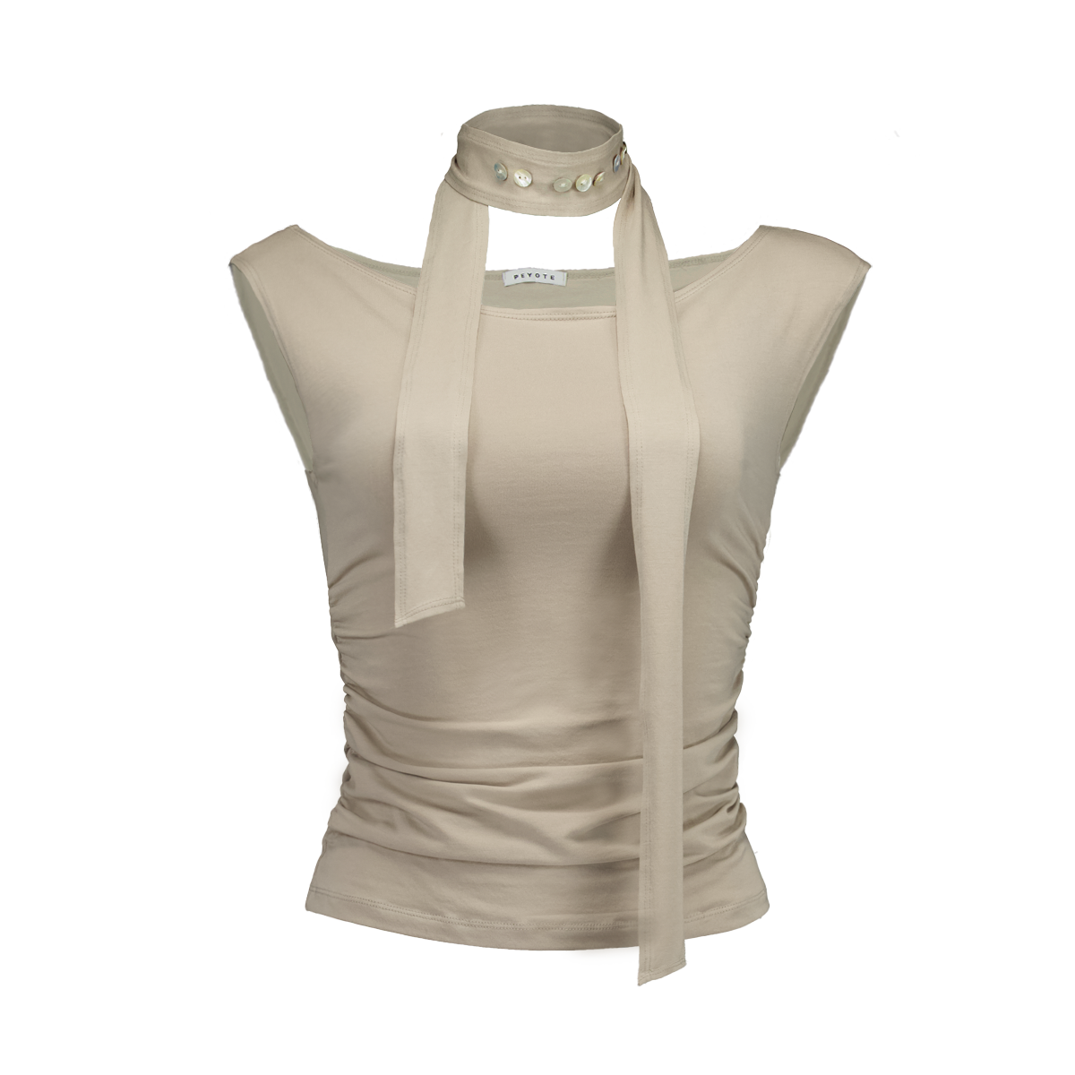 페요테 펄 버튼 스카프 탑 베이지 그레이(PEYOTE Pearl Button Scarf Top Beige Grey)