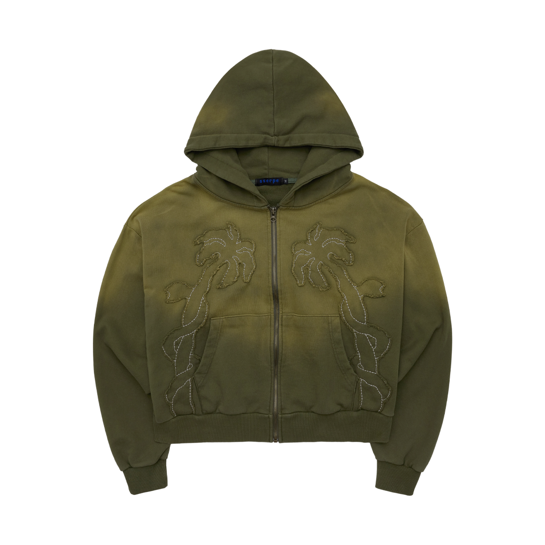 SSERPE25SSHD01-1 SSERPE Applique Bleach Washing Crop Hoodie Zip Up Khaki