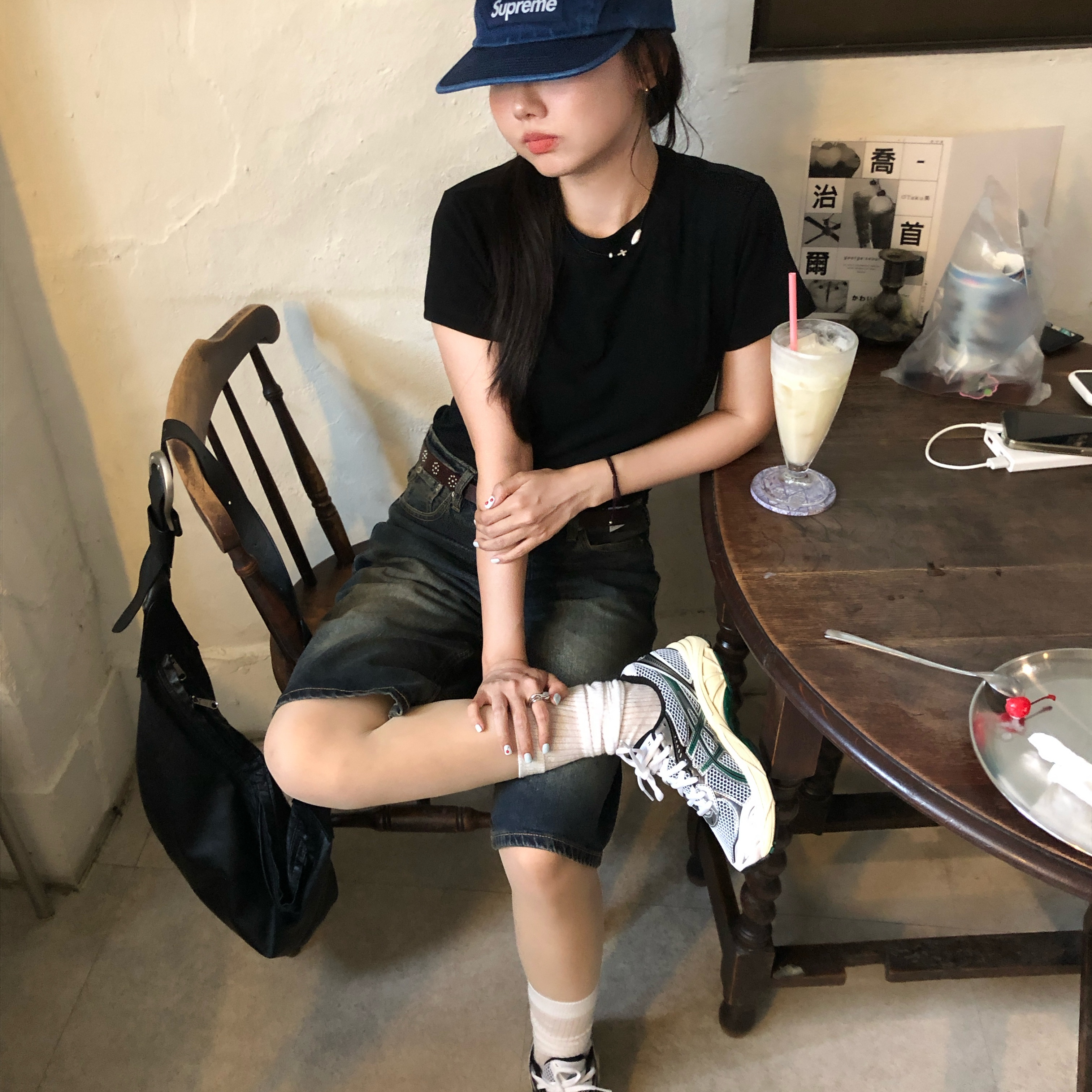 Asics GT-2160 White Jasper Green, Supreme Washed Chino Twill Camp Cap Indigo - 25SS 착용 스타일 - 1