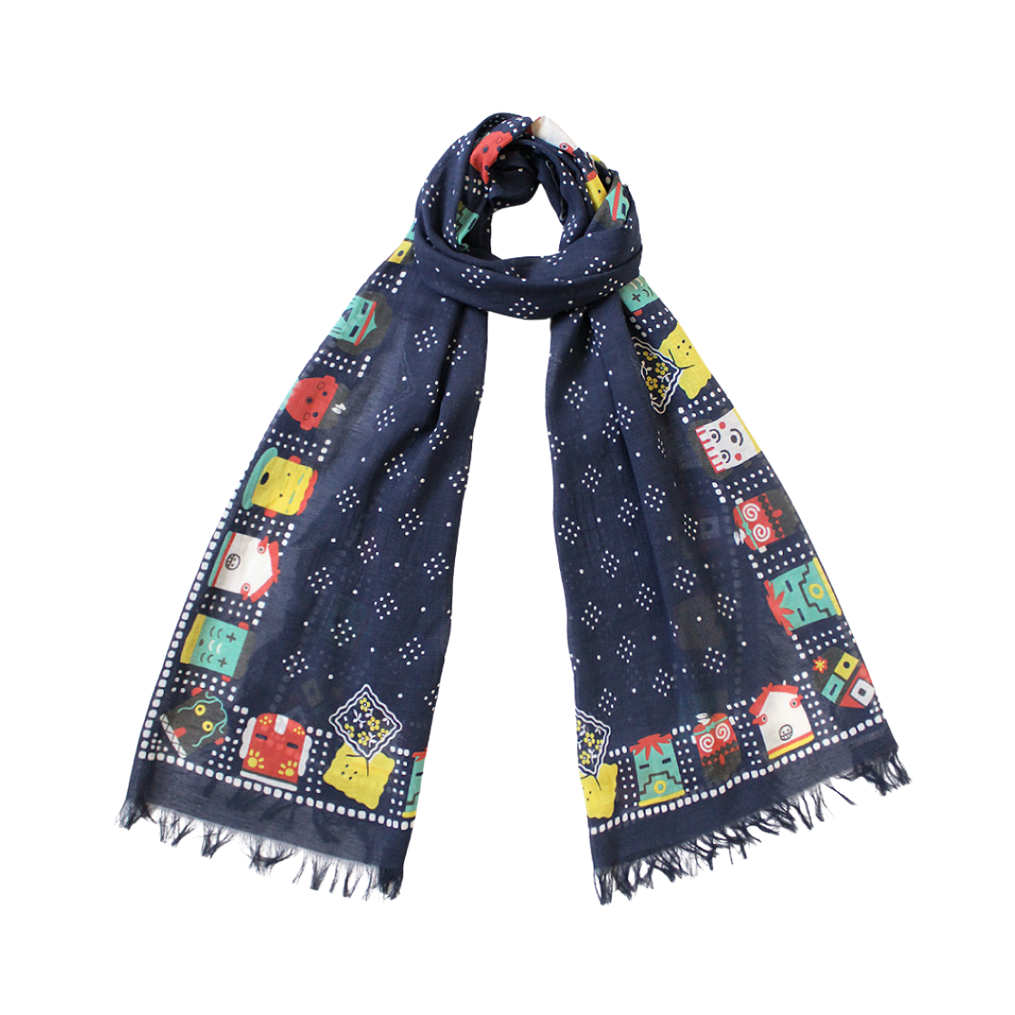 K2503XM512 Kapital Rayon Fringe Stole Kachina & Peckish Rainbowy Navy
