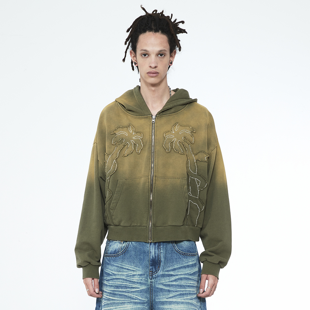 쎄르페 아플리케 블리치 워싱 크롭후드 집업 카키(SSERPE Applique Bleach Washing Crop Hoodie Zip Up Khaki) - 5