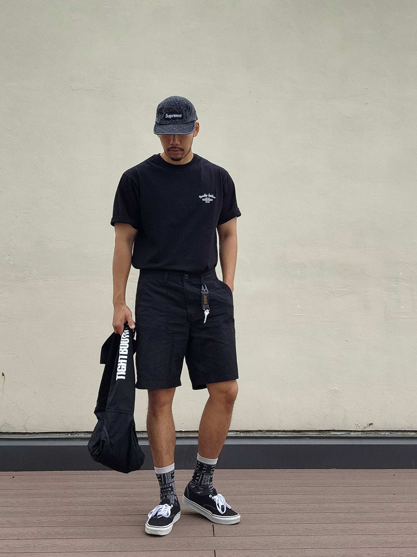 Supreme Punched Denim Camp Cap Black - 23FW, Vans Authentic Black White 착용 스타일 - 1