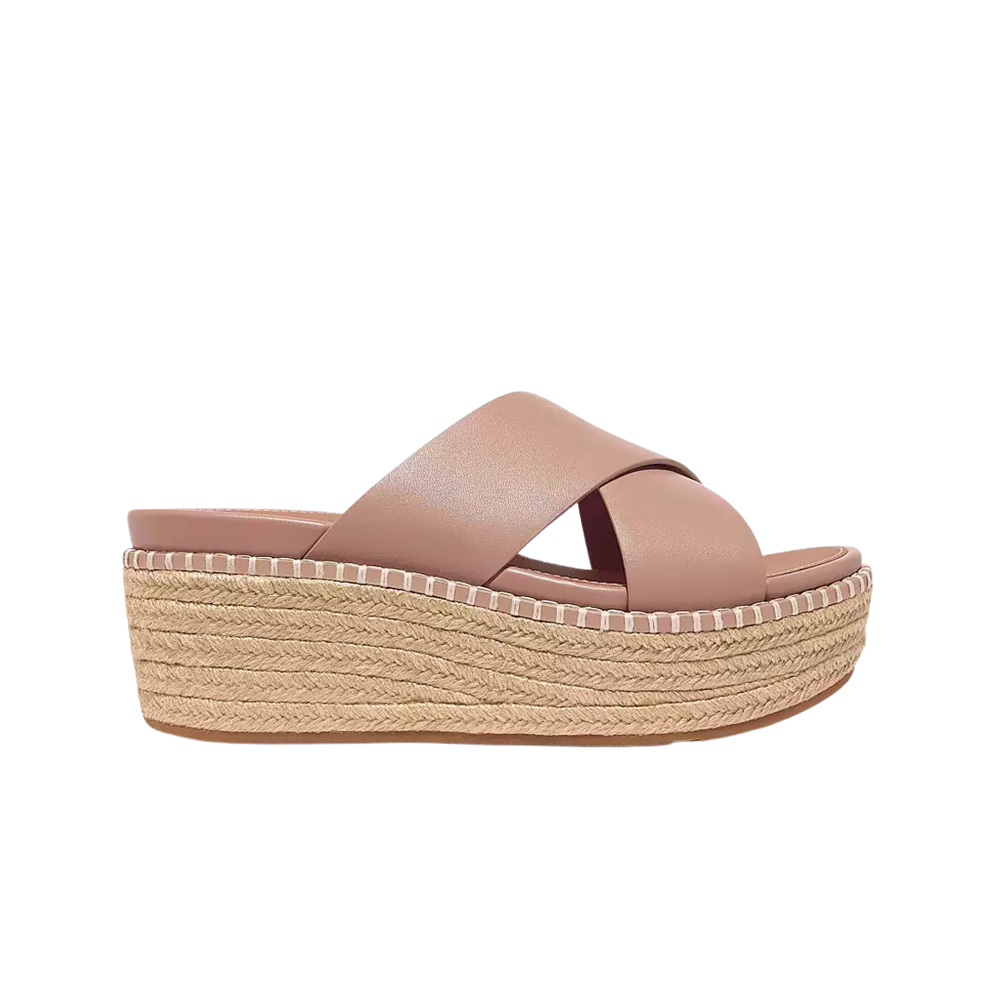 (W) 핏플랍 엘로이즈 에스파드리유 레더 웨지 크로스 슬라이드 베이지 버프((W) FITFLOP Eloise Espadrille Leather Wedge Cross Slides Beige Buff) - 1