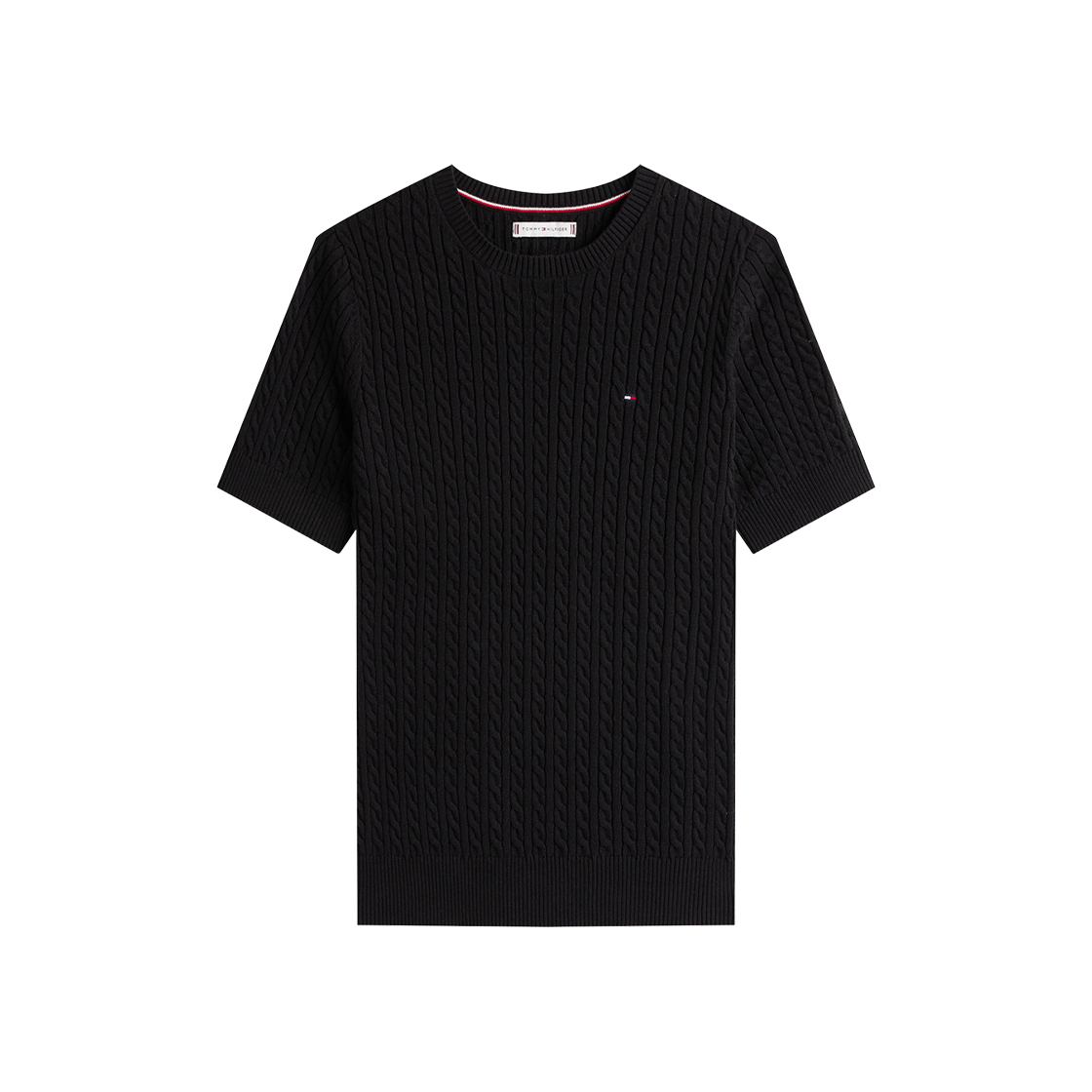 (W) 타미 힐피거 케이블 니트 숏슬리브 스웨터 블랙((W) Tommy Hilfiger Cable Knit Short Sleeve Sweater Black)