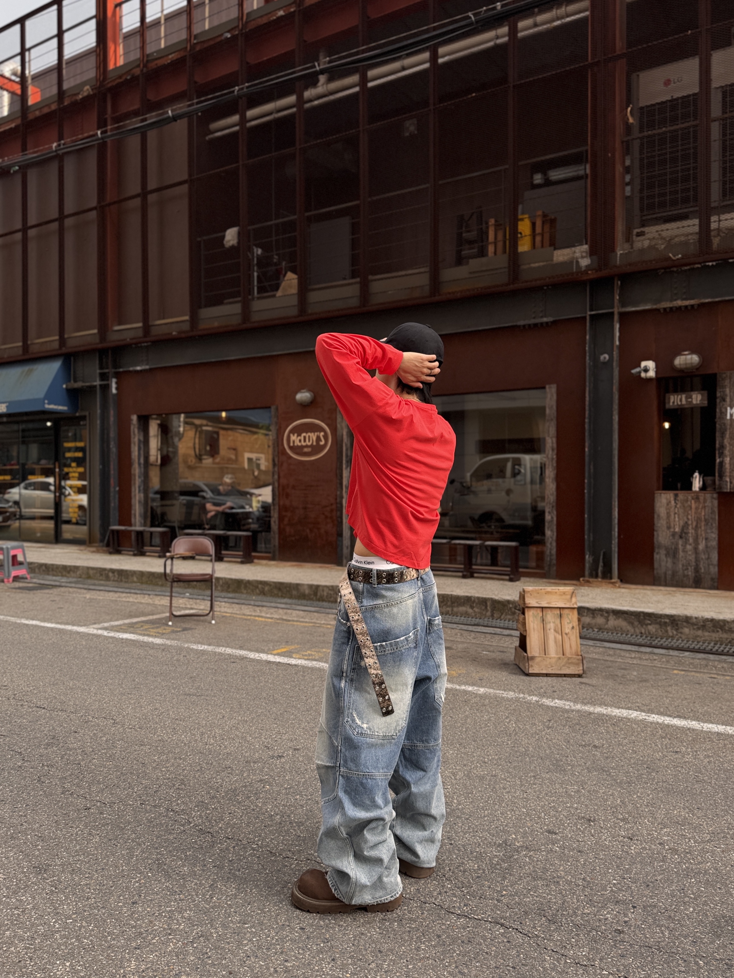MJD 3D Knee Denim Pants Blue, MJD x Kamien Double Hole Belt Oak Brown 착용 스타일 - 3