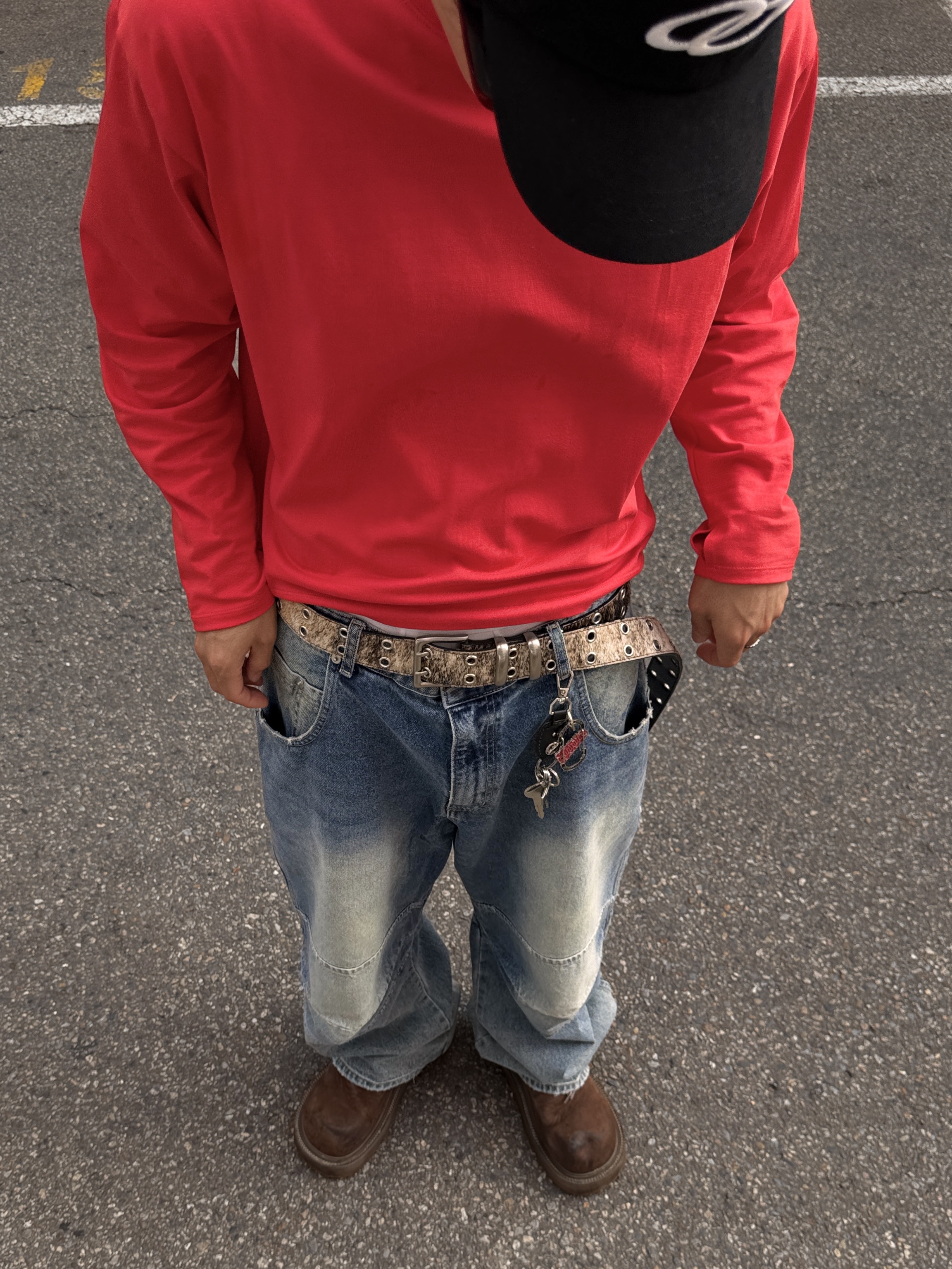 MJD 3D Knee Denim Pants Blue, MJD x Kamien Double Hole Belt Oak Brown 착용 스타일 - 2