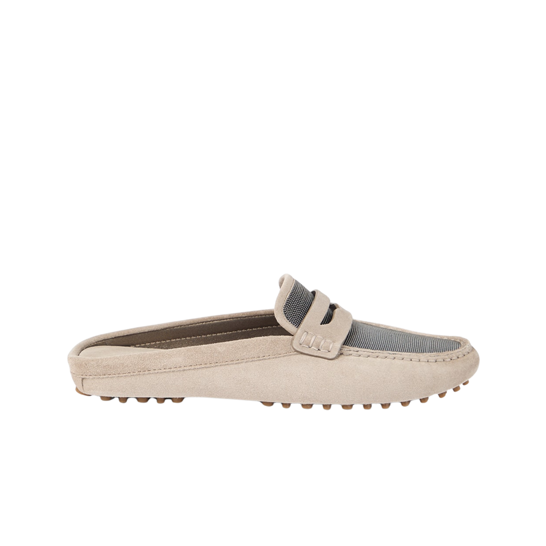 (W) 브루넬로 쿠치넬리 스웨이드 프레셔스 드라이빙 뮬 라이트 그레이((W) Brunello Cucinelli Precious Driving Mules in Suede Light Grey)