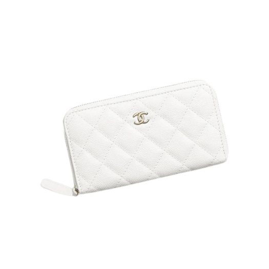 Chanel Classic Zipped Wallet Grained Shiny Calfskin & Gold White