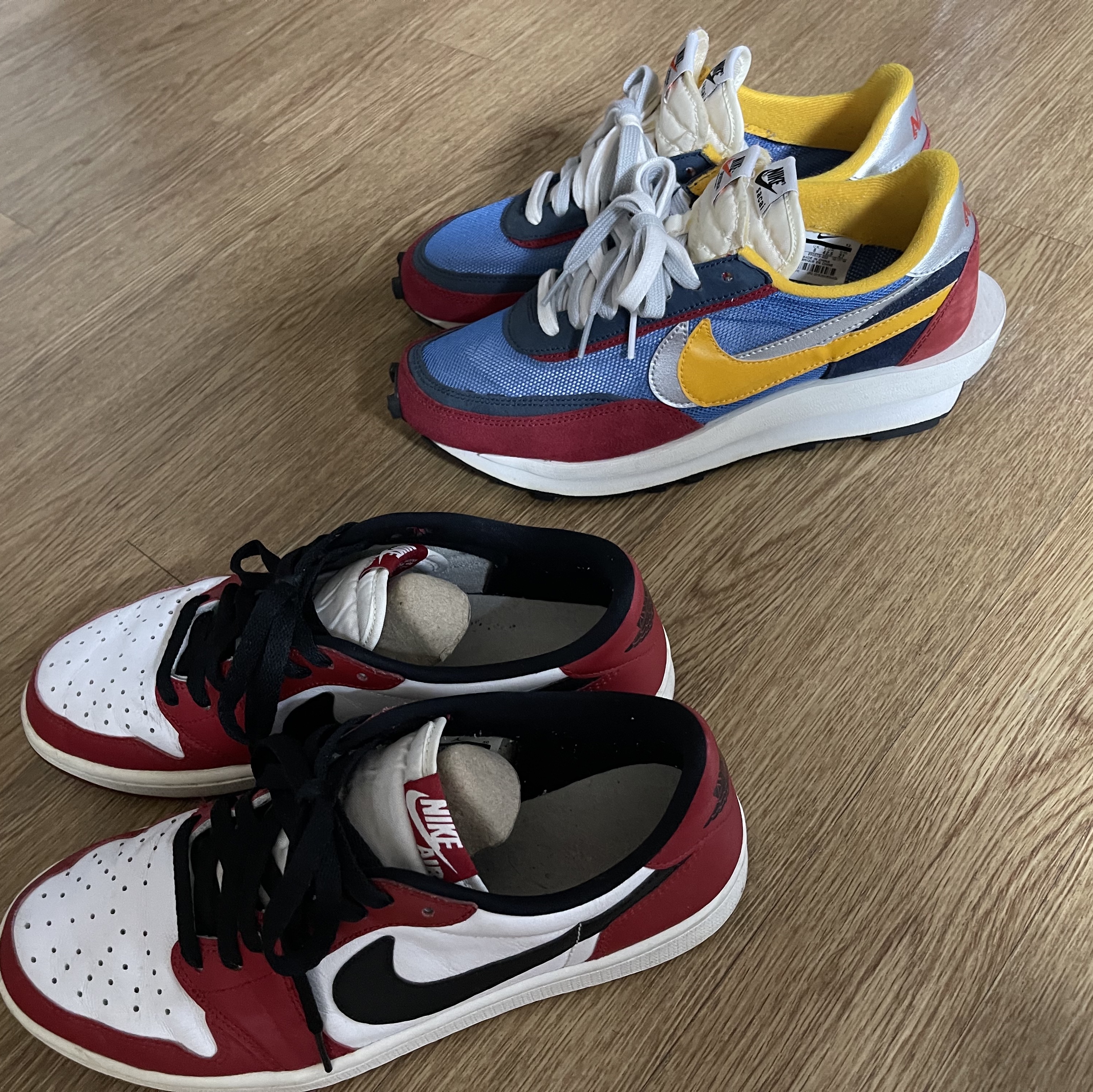 Jordan 1 Retro Low OG Chicago 2016, Nike x Sacai LDWaffle Blue Multi 착용 스타일