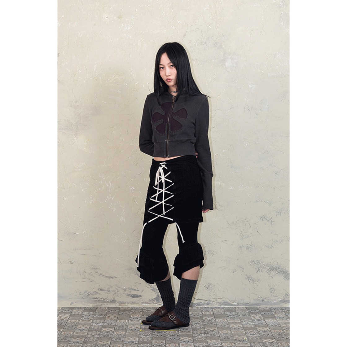 스틸레써디 립드 플라워 크롭 후디 브라운(Still Lethardy Ribbed Flower Crop Hoodie Brown) - 5