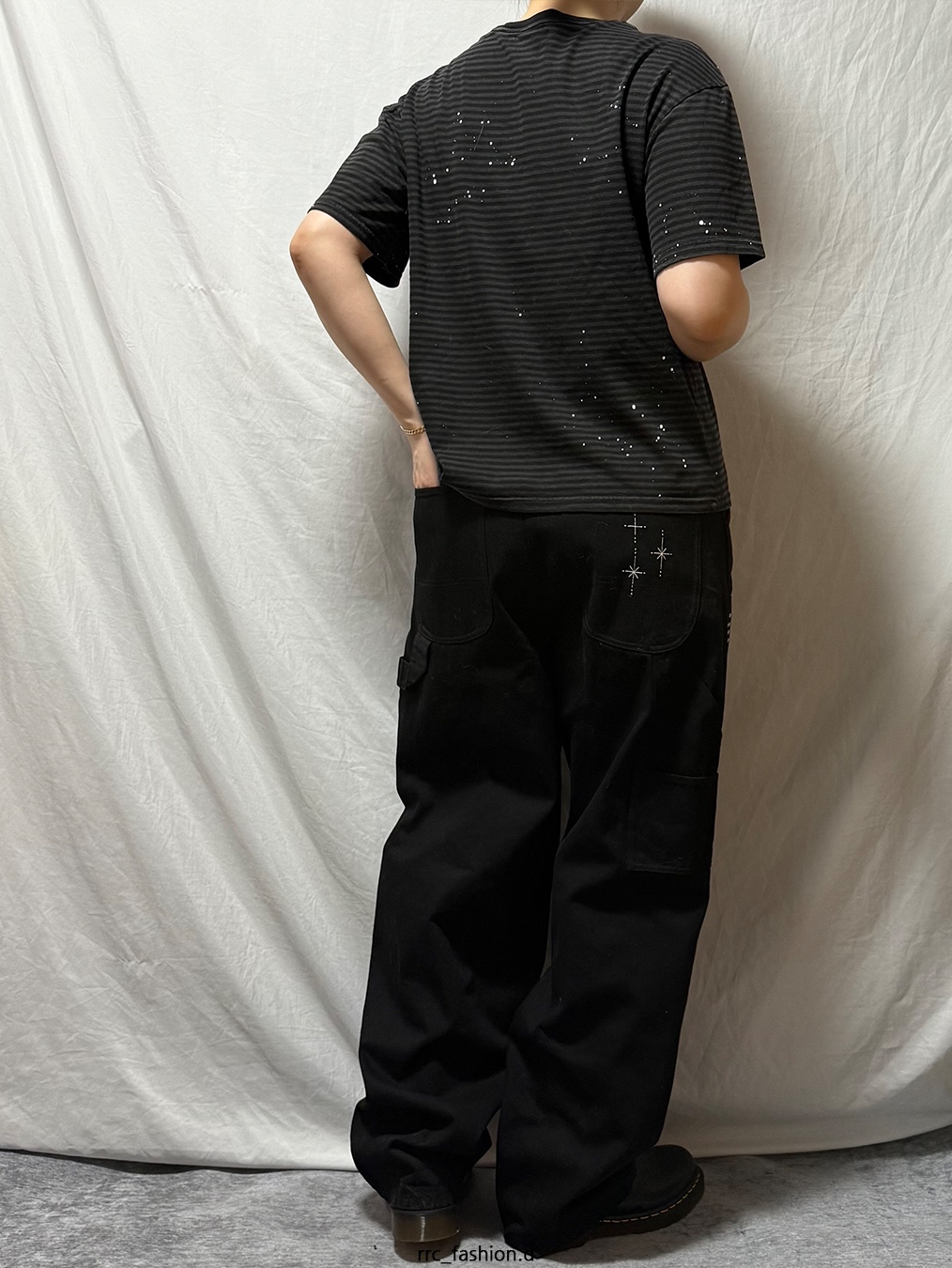 Dr. Martens 1461 Smooth Black, Aoiro Fake Stud Cutted Double Knee Pants Denim Black 착용 스타일 - 2