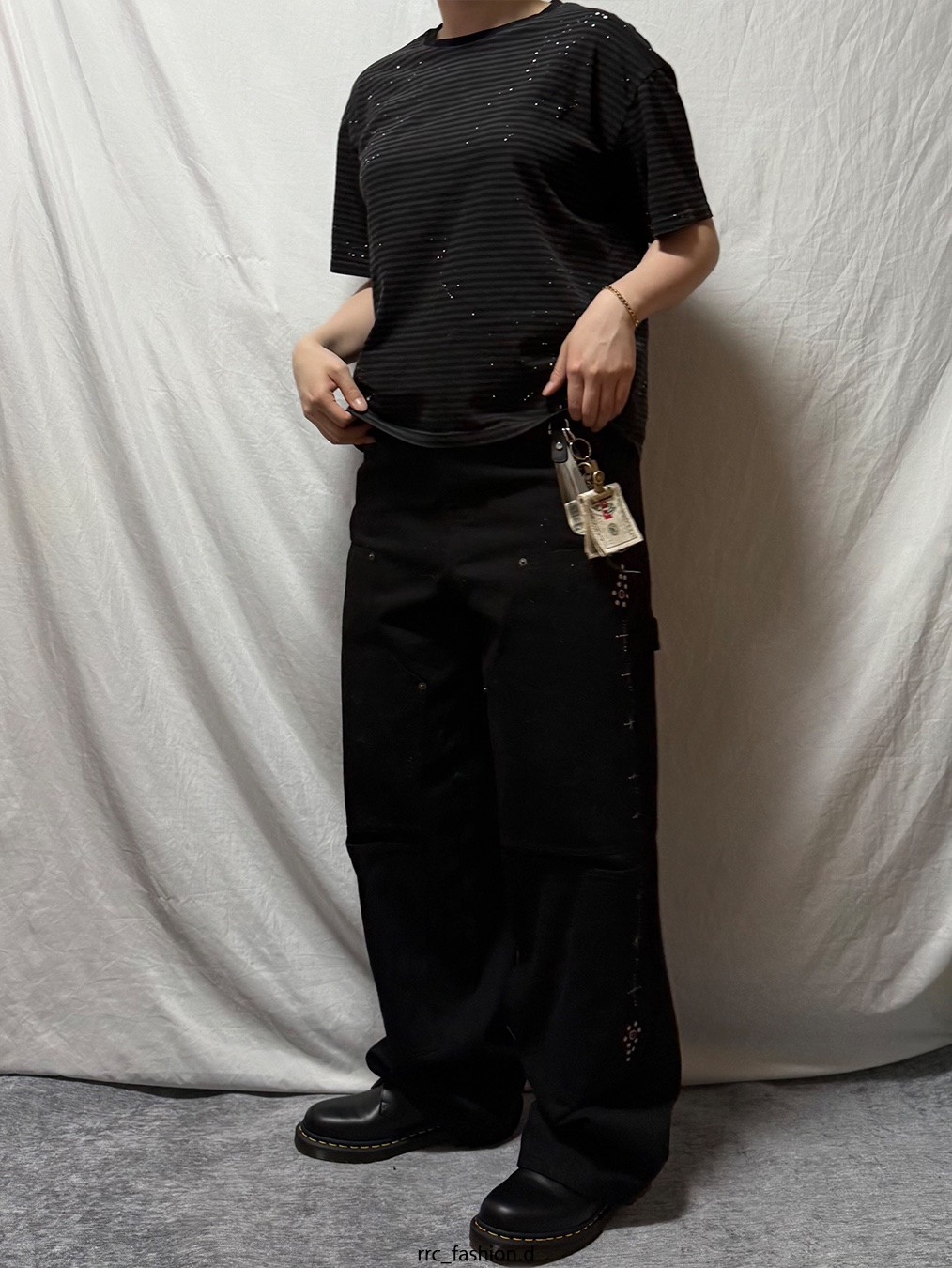 Dr. Martens 1461 Smooth Black, Aoiro Fake Stud Cutted Double Knee Pants Denim Black 착용 스타일 - 1
