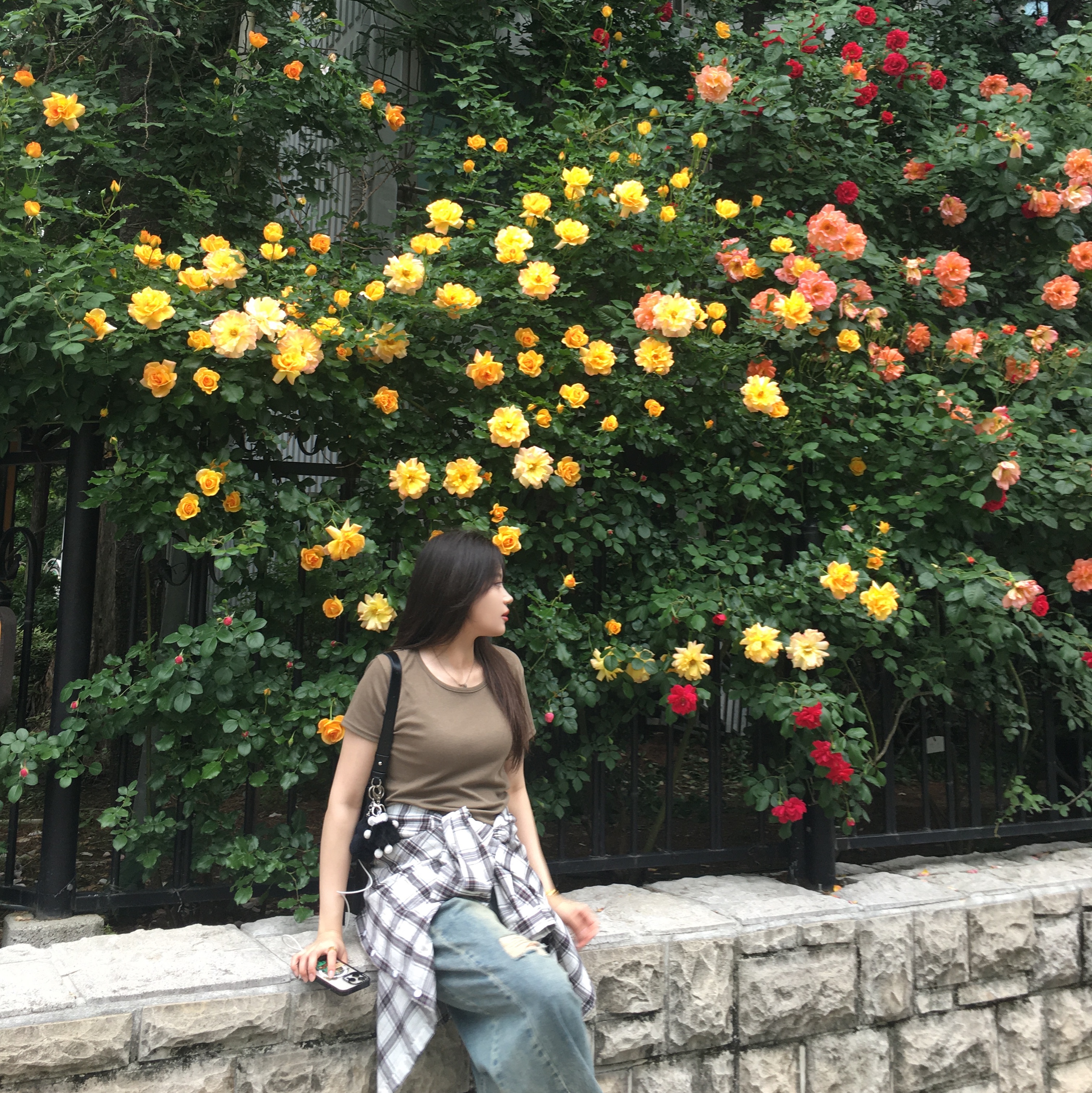Matin Kim Half Shirring Ribbon Round Bag Black 착용 스타일 - 3