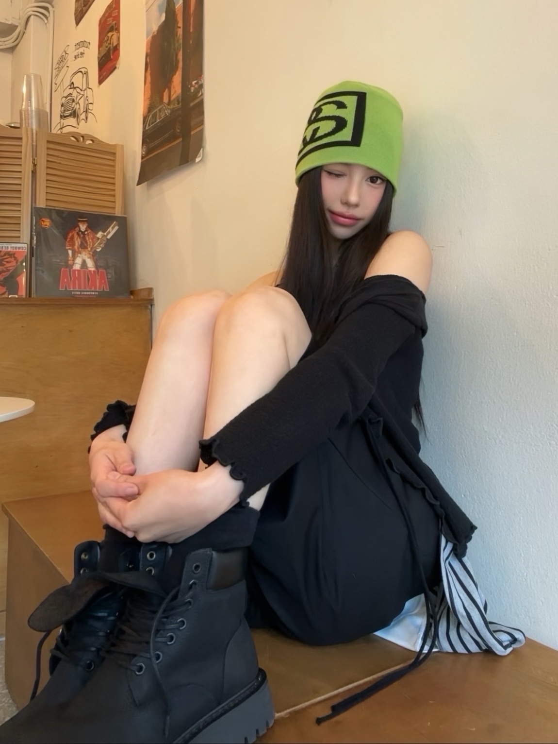 LOSTGARDEN Route Black, Stussy SS Link Skull Cap Lime 착용 스타일