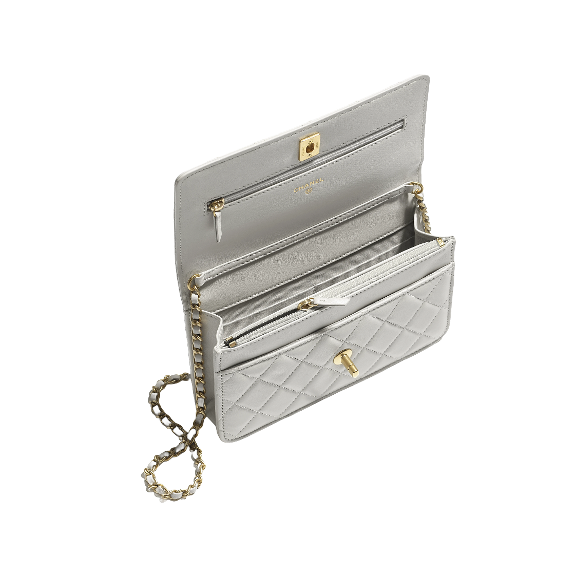 샤넬 월렛 온 체인 샤이니 램스킨 골드 메탈 & 라이트 그레이(Chanel Wallet On Chain Shiny Lambskin Gold & Light Grey) - 3