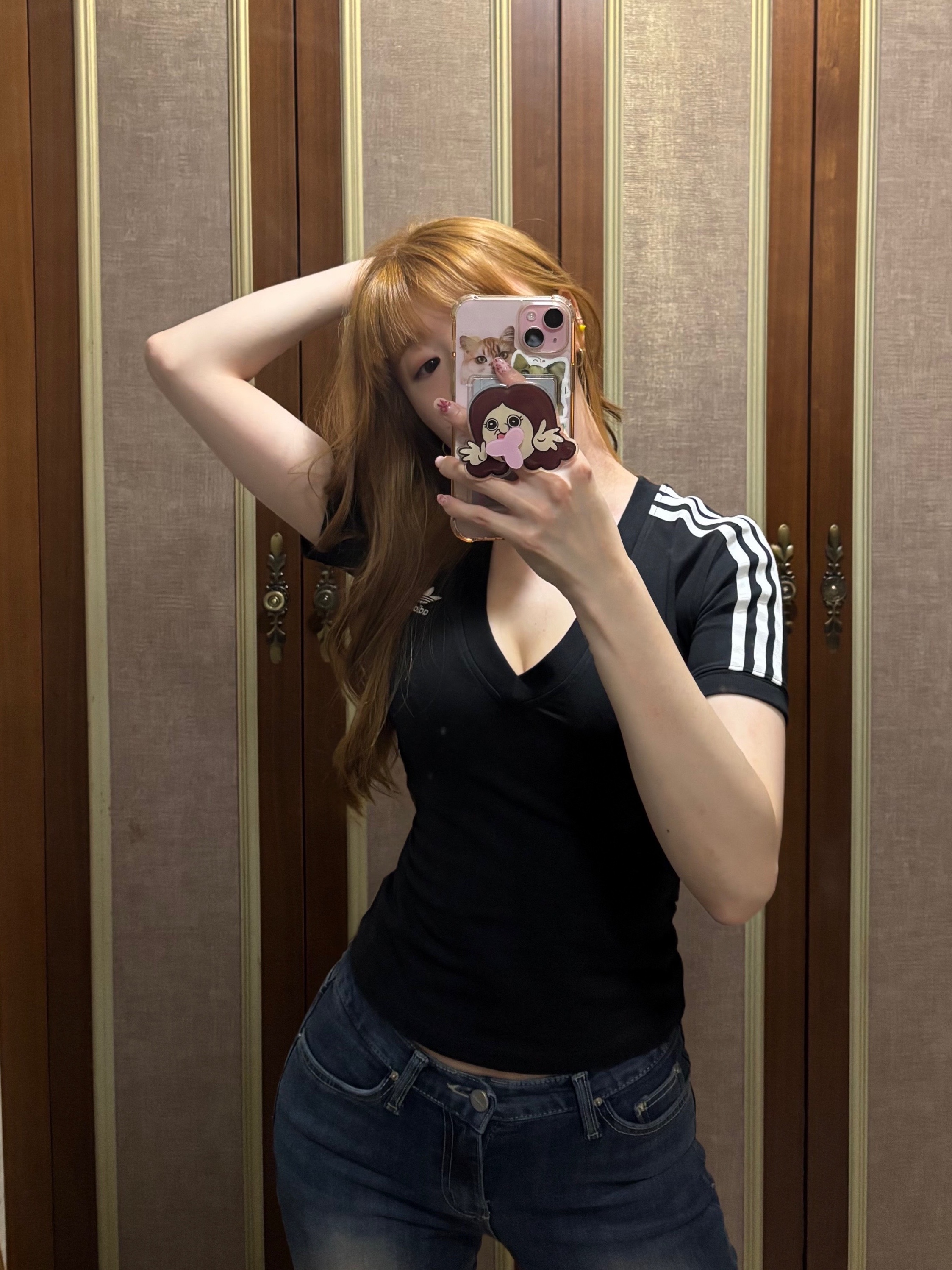 (W) Adidas 3-Stripes V-Neck Slim T-Shirt Black - KR Sizing 착용 스타일 - 6