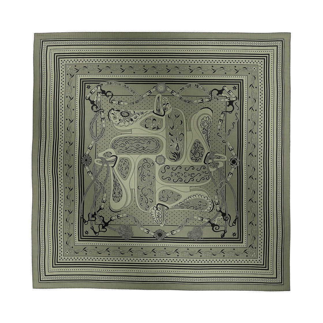 H244217S01 (W) Hermes Festival Des Amazones Bandana Shawl 140 Argil Soz Noir