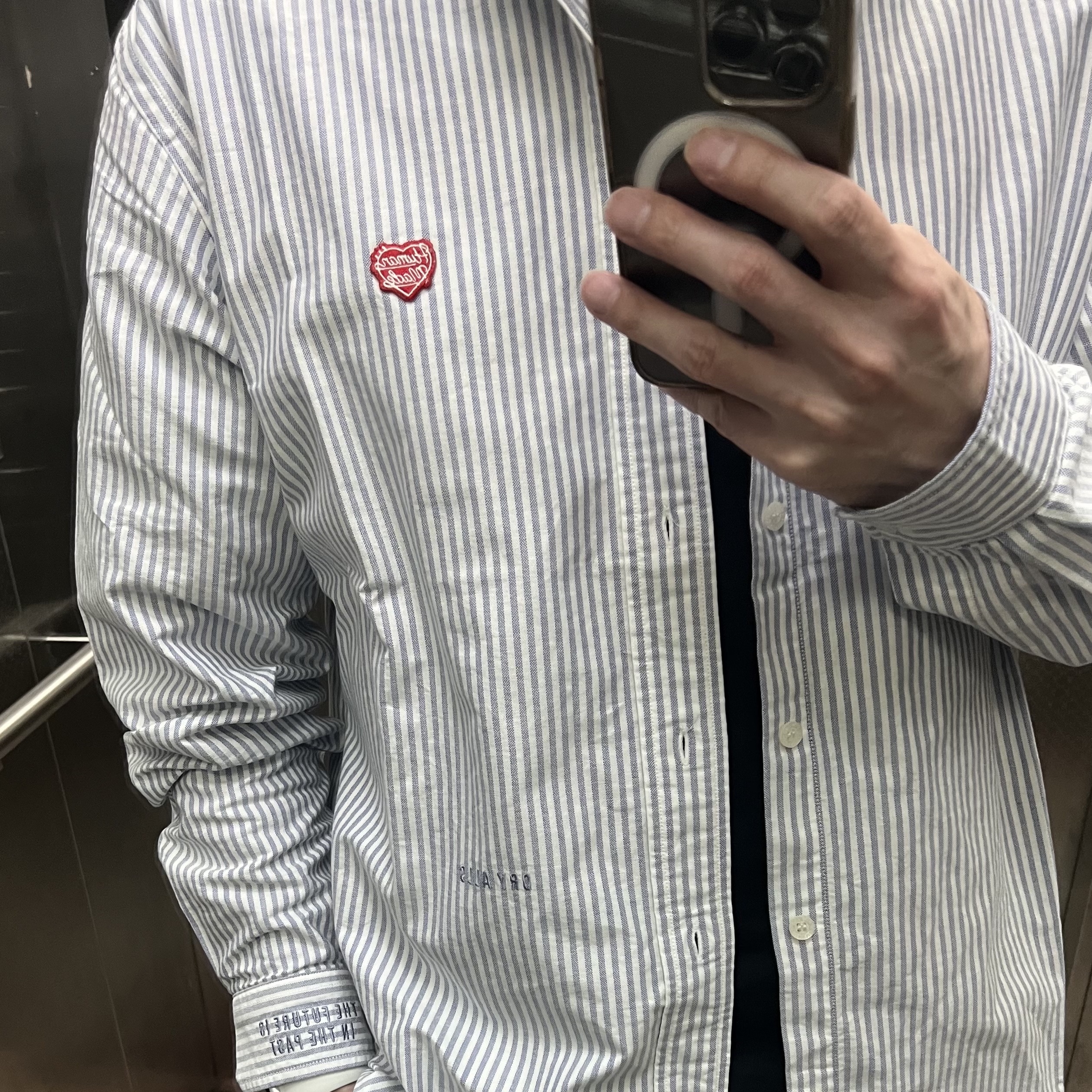 Human Made Striped Oxford BD Shirt Blue 착용 스타일