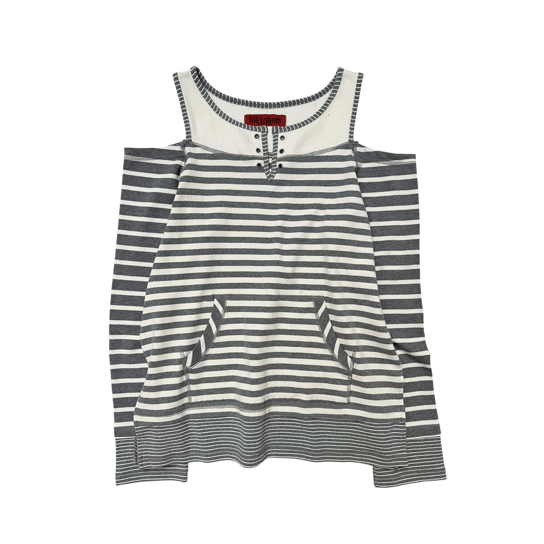 스틸레써디 오버로크 오프숄더 티셔츠 스트라이프 그레이(Still Lethardy Overlocked Off-Shoulder T-Shirt St.Grey)