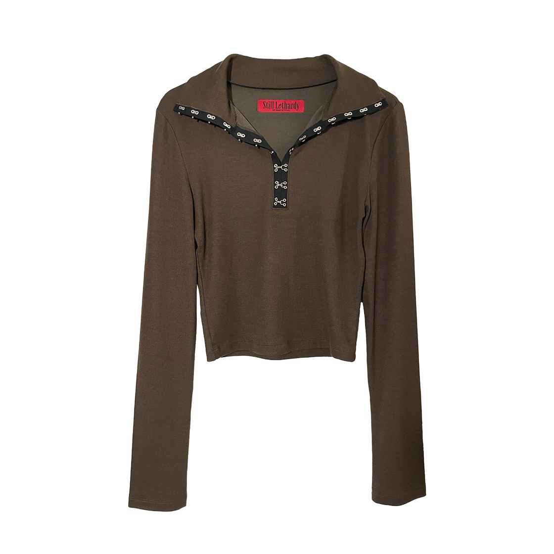SL23FWTS04BR Still Lethardy Hook N Eye Crop Long Sleeve T Brown