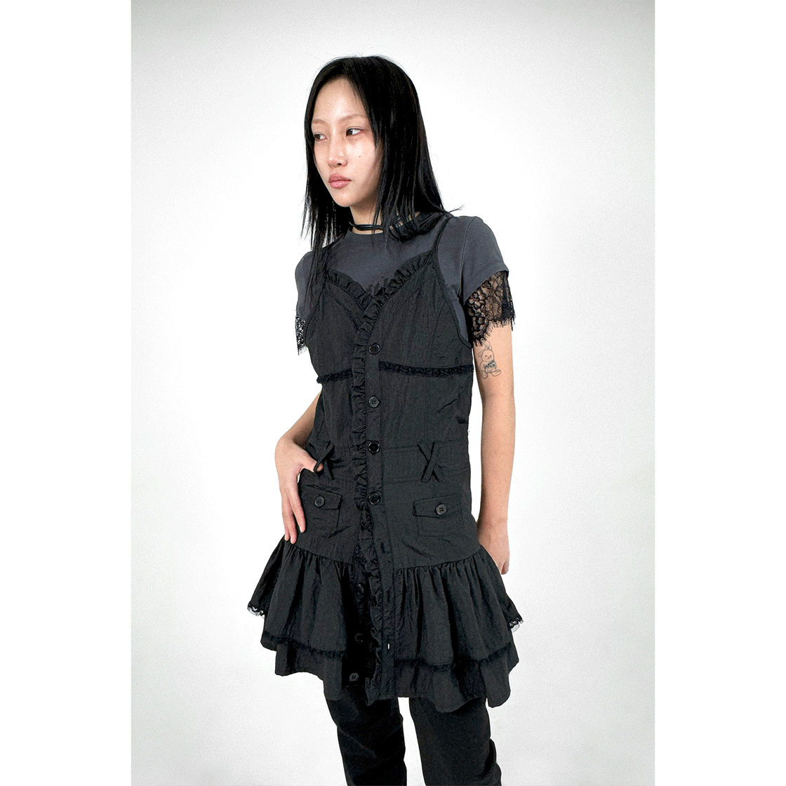 스틸레써디 러플 버튼 드레스 블랙(Still Lethardy Ruffle button Dress Black) - 4