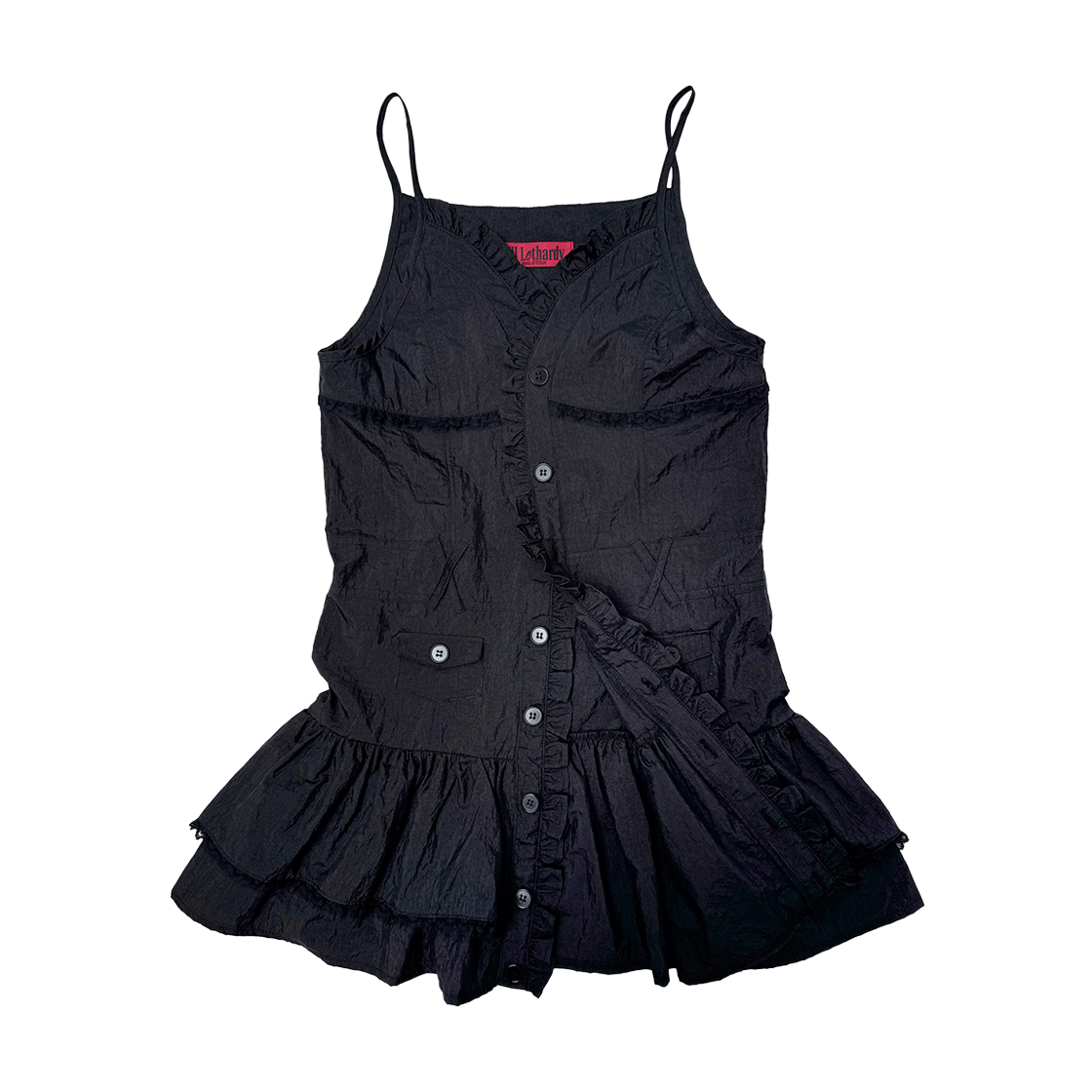 스틸레써디 러플 버튼 드레스 블랙(Still Lethardy Ruffle button Dress Black)