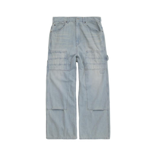 PL5OPT0801HA Polyteru Patched Double Knee Denim Pants Bleached Ice
