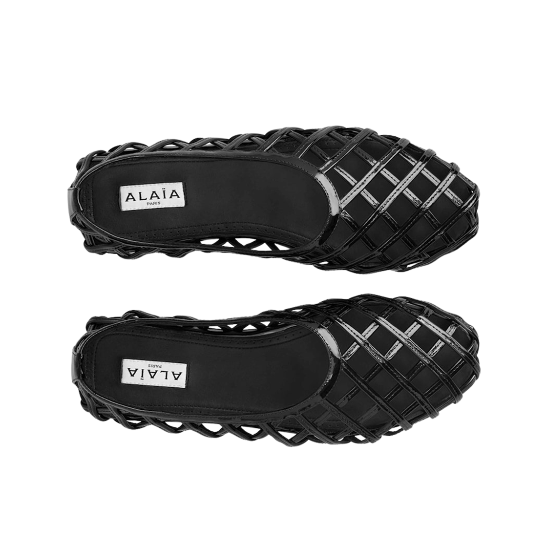 (W) 알라이아 페이턴트 카프스킨 케이지 발레 플랫 블랙((W) Alaia Cage Ballet Flats in Patent Calfskin Black) - 2