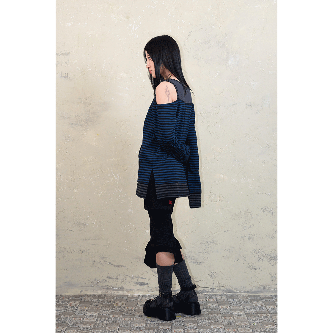 스틸레써디 오버로크 오프숄더 티셔츠 스트라이프 블루(Still Lethardy Overlocked Off-Shoulder T-Shirt St.Blue) - 5