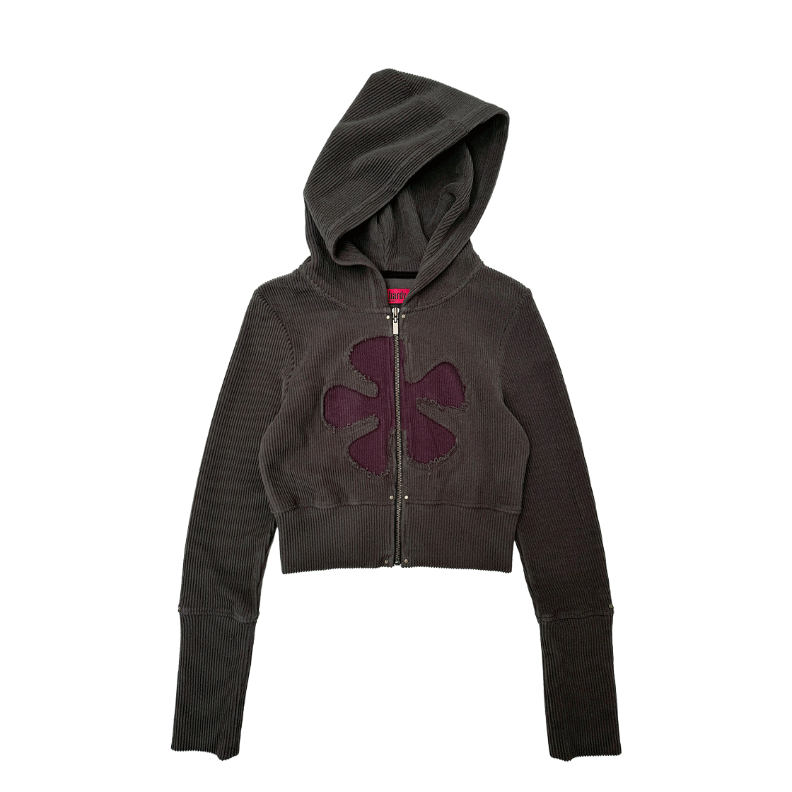 SL25SSJP04BR Still Lethardy Ribbed Flower Crop Hoodie Brown