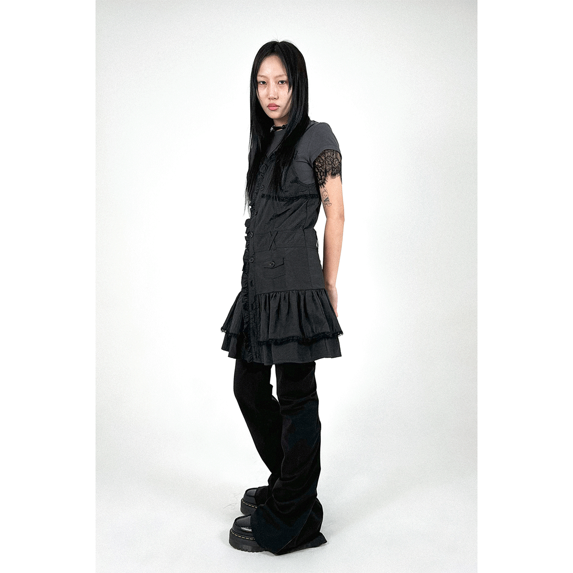 스틸레써디 러플 버튼 드레스 블랙(Still Lethardy Ruffle button Dress Black) - 5