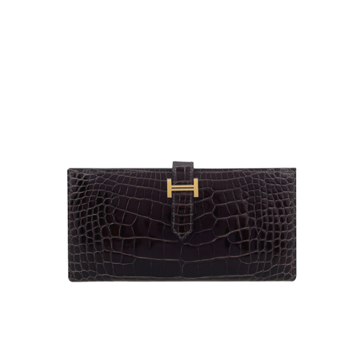 ITK6JI8P8DGR Hermes Alligator Bearn Wallet Gris Elephant Gold Hardware