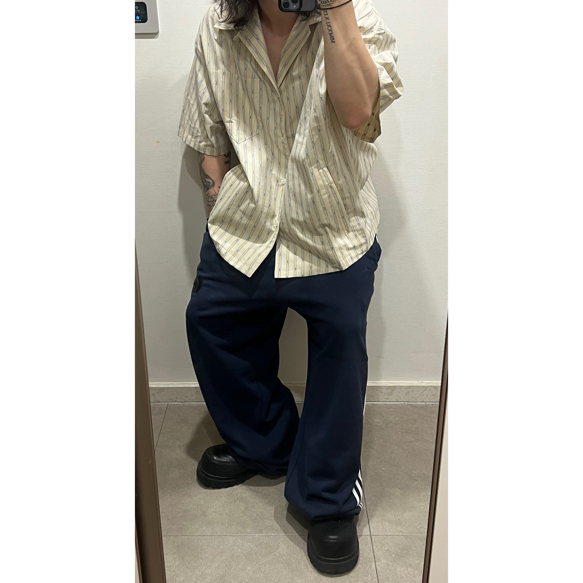Nonnod Vacation Shirt Yellow Stipe 착용 스타일 - 1