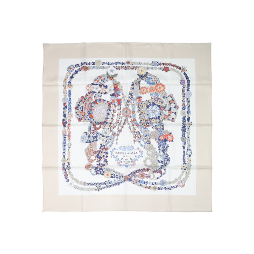 IT6IPO9ICRP2 HERMES Brides de Gala en Fleur Scarf 90 Sable Blanc Bleu