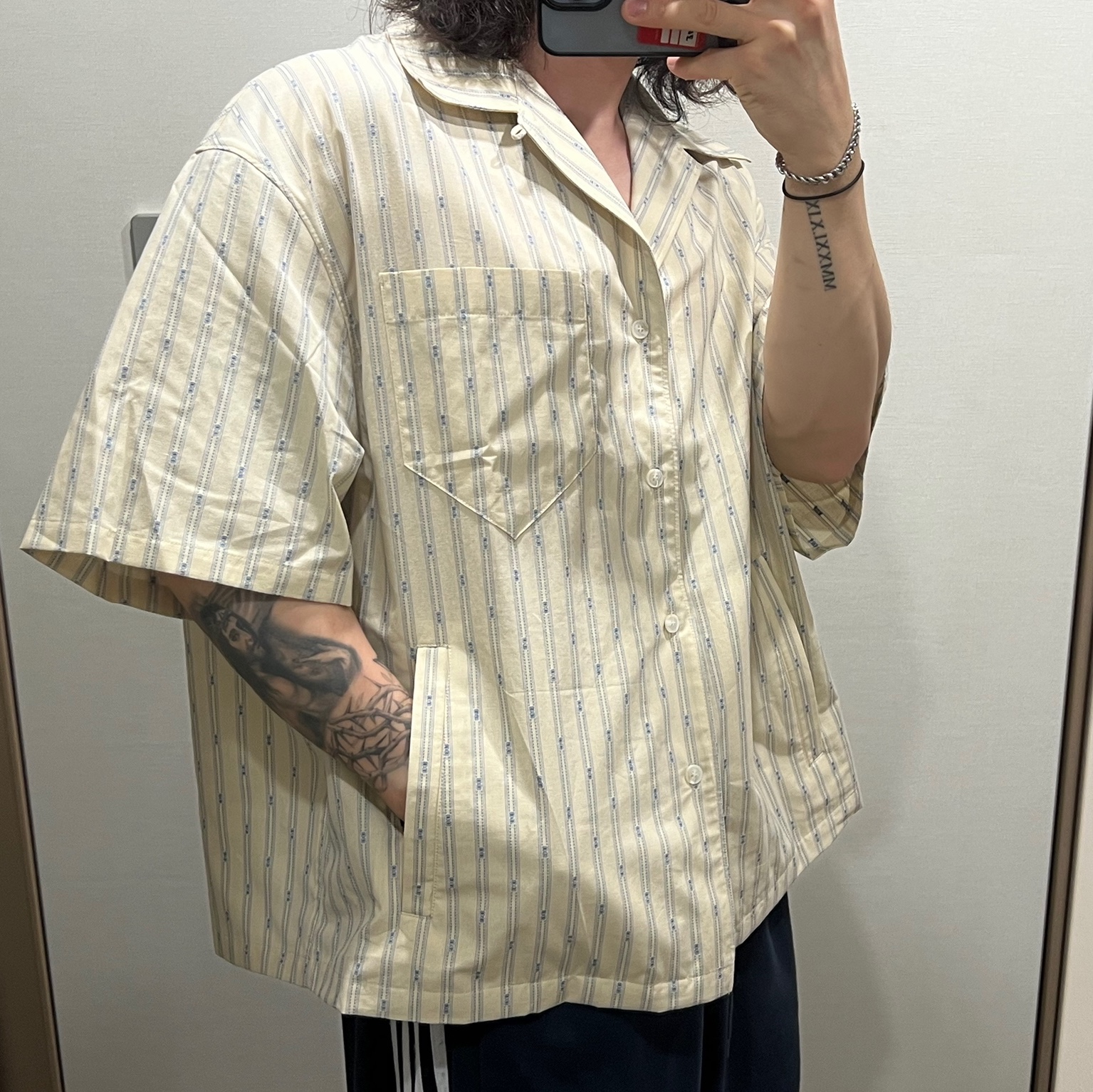 Nonnod Vacation Shirt Yellow Stipe 착용 스타일 - 3