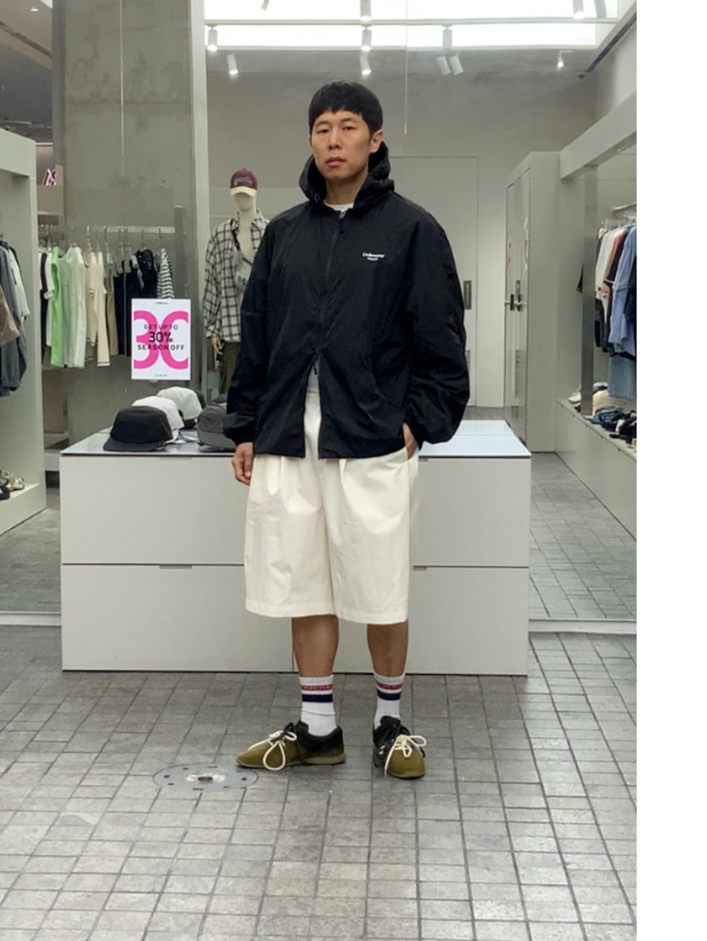 Undermycar Mu.105 Anti Fxxking Logo Play Regular Fit Nylon Windbreaker Gray, Undermycar Mu.110 Original Logo Pinched hem Banding Bermuda Shorts Ivory 착용 스타일 - 2