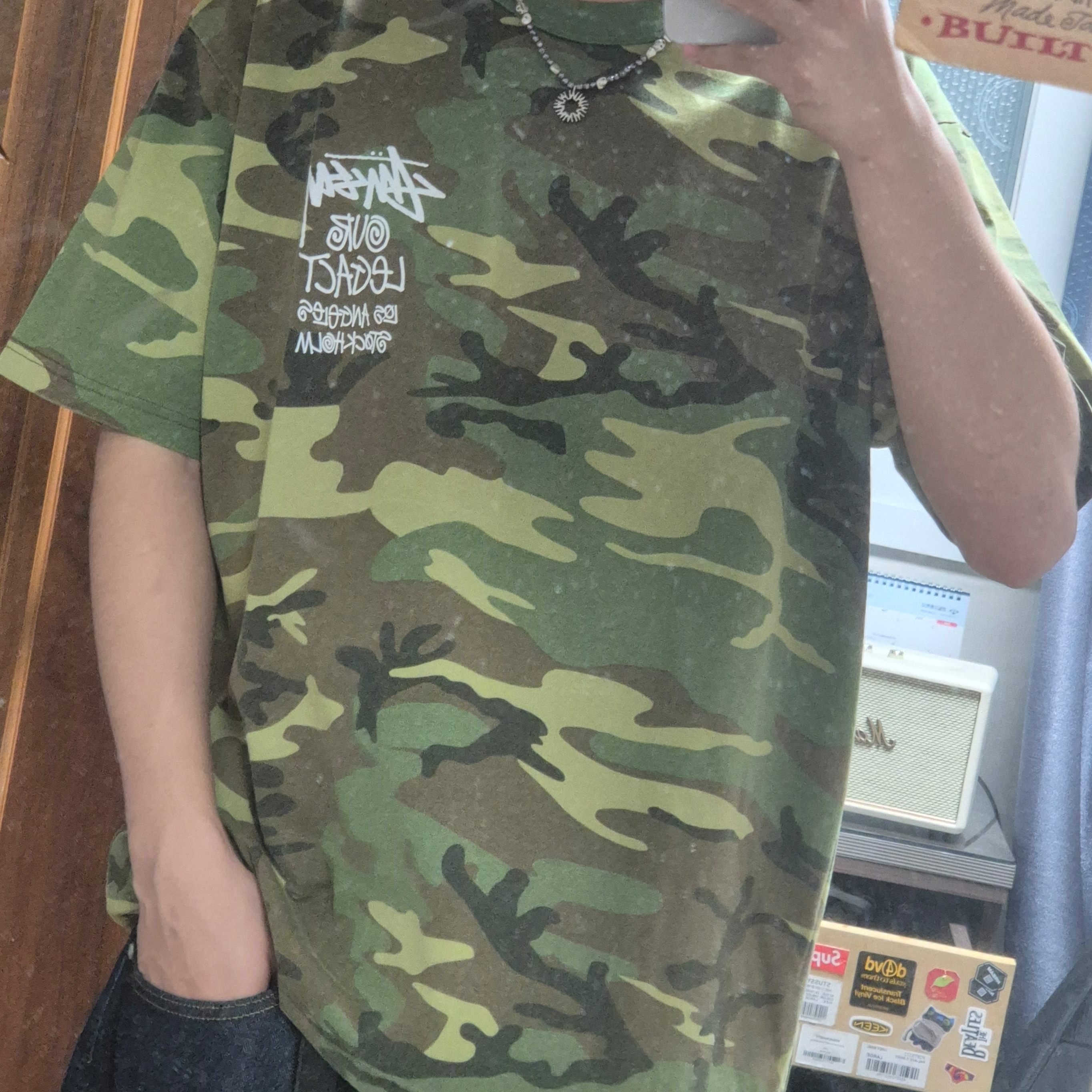 Stussy x Our Legacy Work Shop Surfman Pigment Dyed T-Shirt Camo 착용 스타일