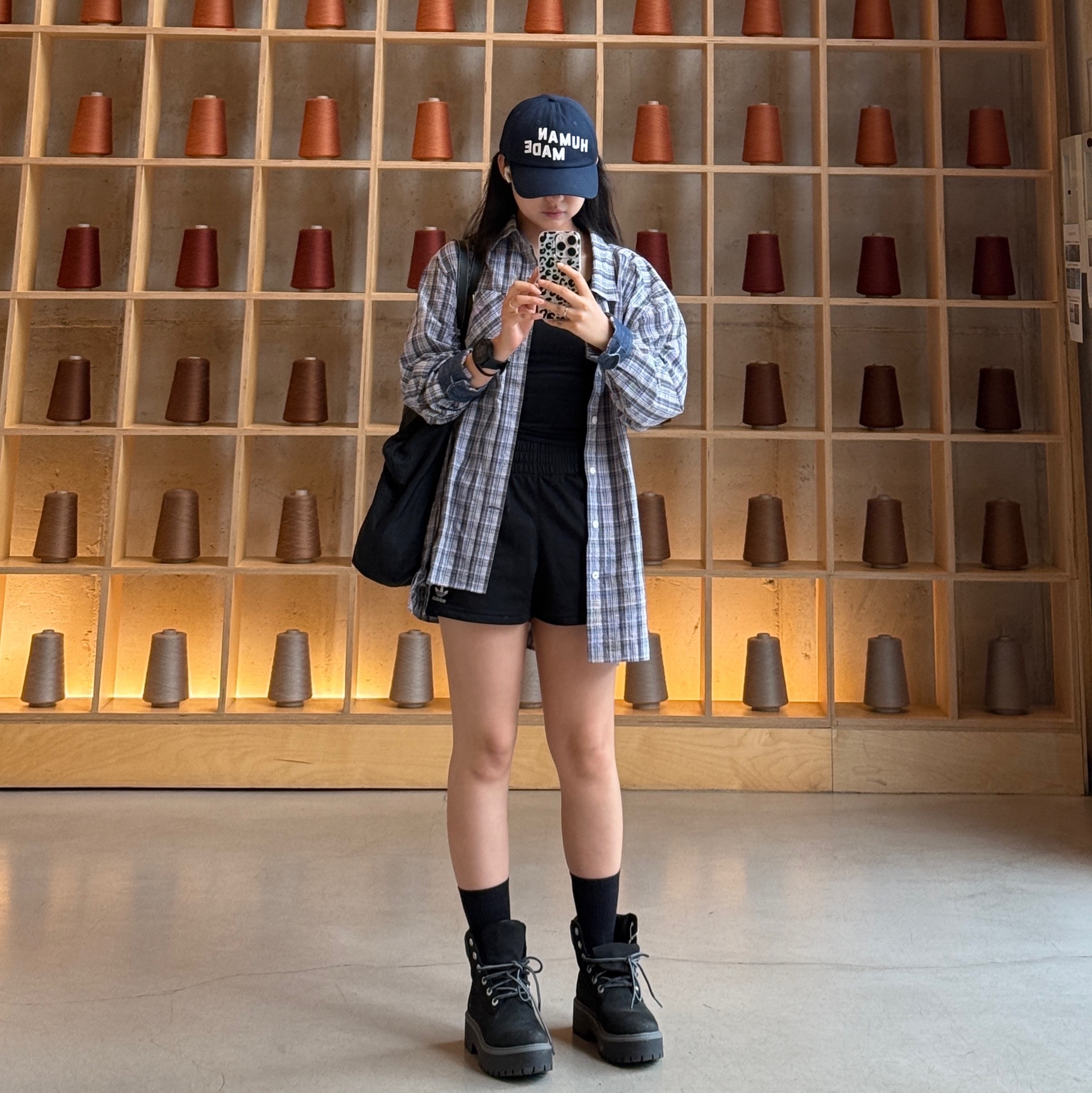Human Made 6 Panel Twill Cap Navy, Series Italian Fabric Cl Multi Check Shirt Blue 착용 스타일