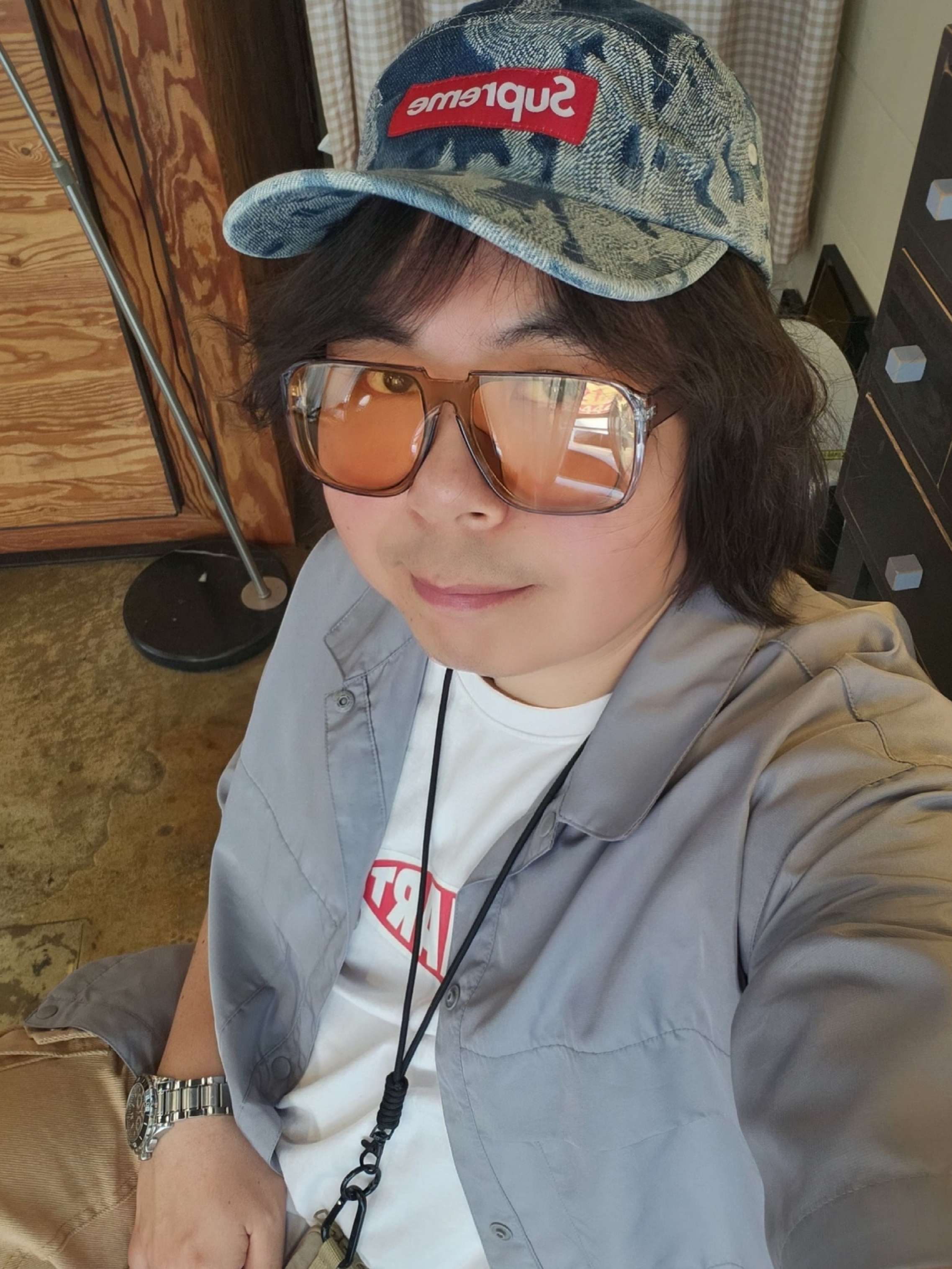Supreme Flames Jacquard Denim Camp Cap Washed Indigo - 23SS, Human Made Military Card Case Beige 착용 스타일 - 2