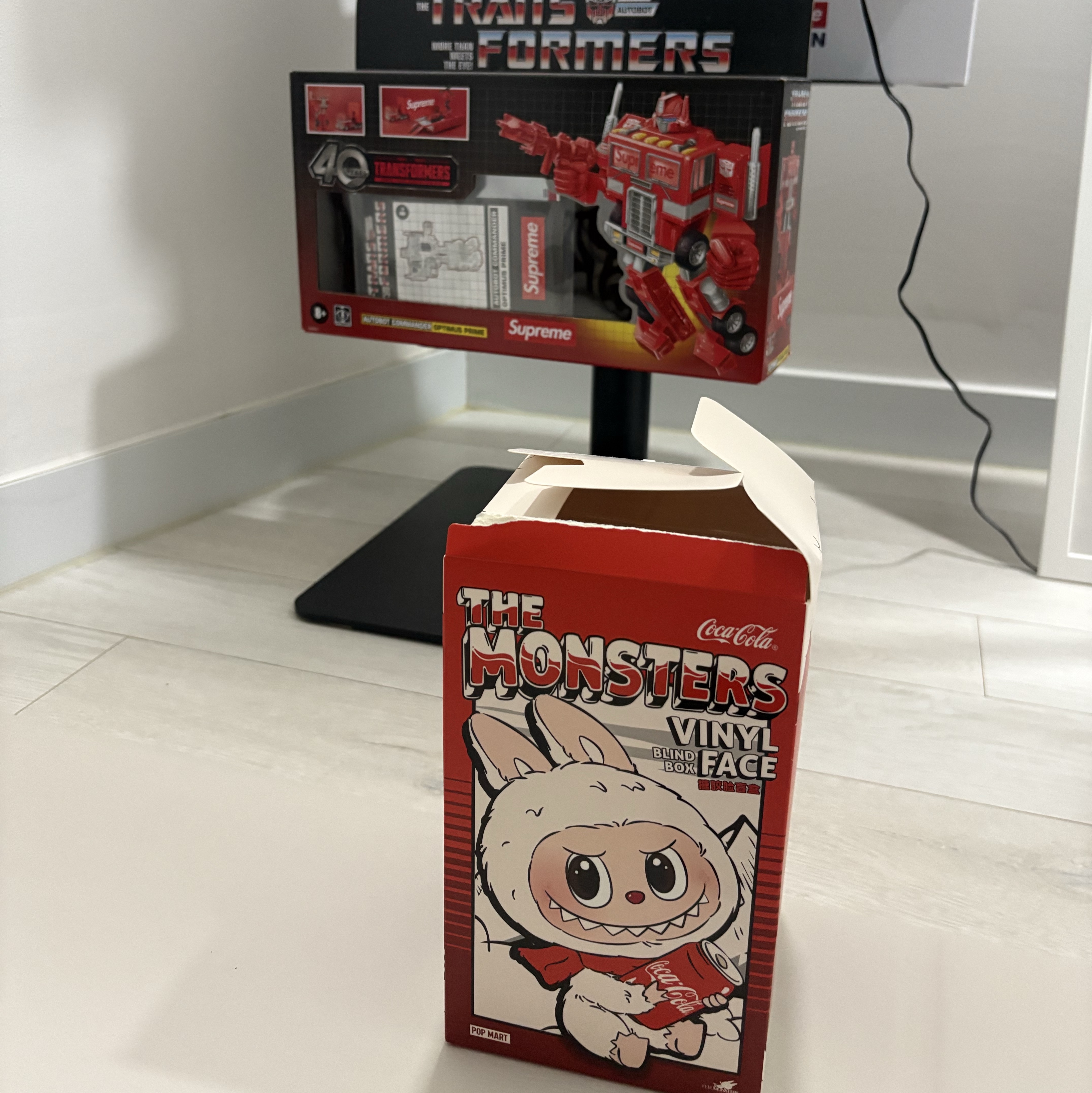 Pop Mart Labubu Coca Cola Series Surprise Shake Keyring (Opened Case), Supreme x Transformers G1 Optimus Prime Figure Red - 25SS (Korean Ver.) 착용 스타일 - 3
